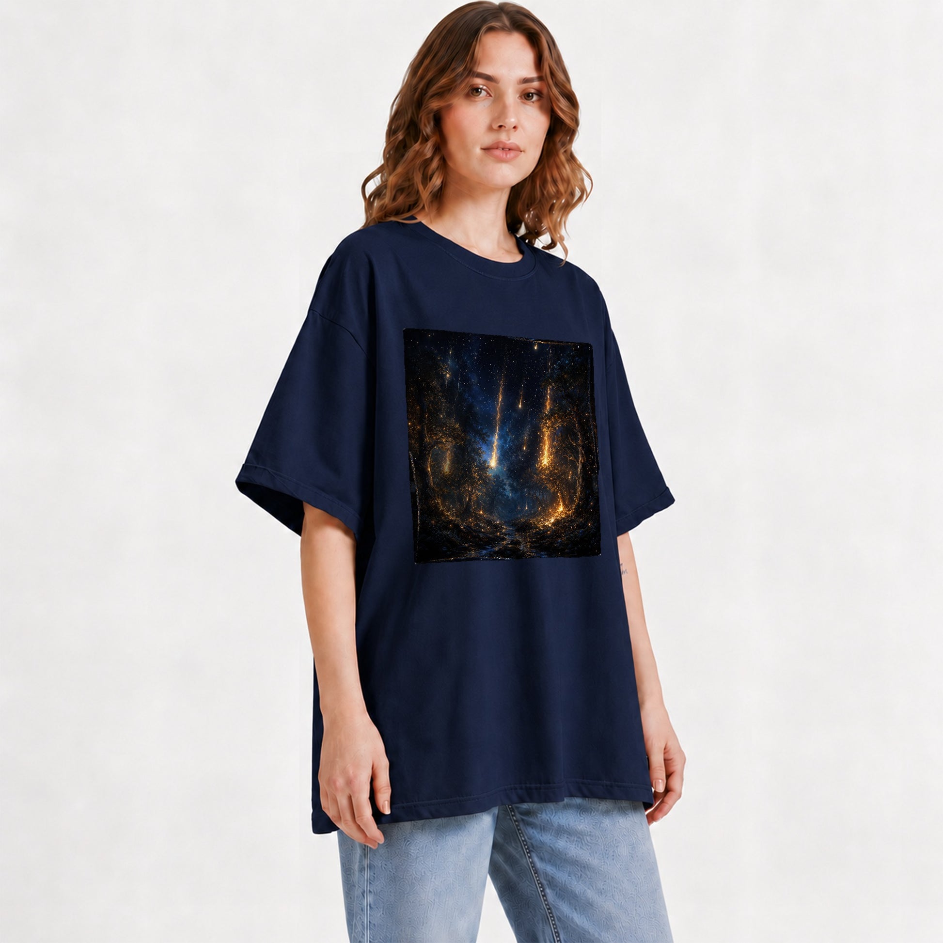 #pl[Navy] Meteor Shower Forest Graphic T-Shirt, Celestial Woodland Art