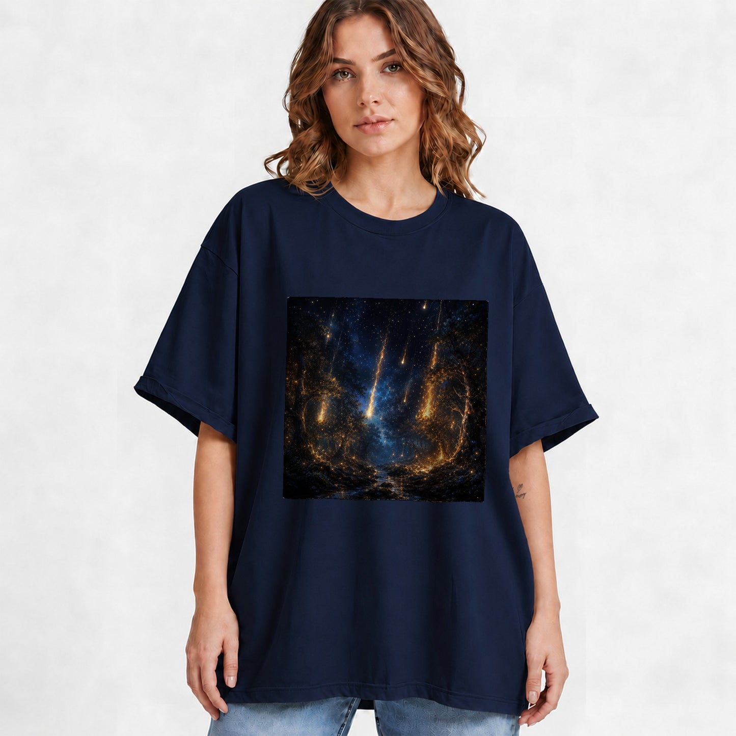 #pl[Navy] Meteor Shower Forest Graphic T-Shirt, Celestial Woodland Art