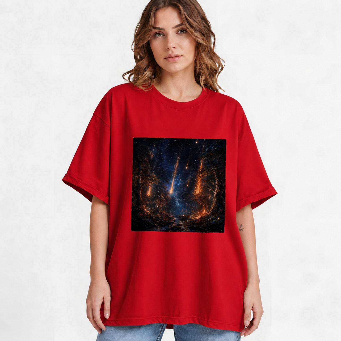 #pl[Red] Meteor Shower Forest Graphic T-Shirt, Celestial Woodland Art