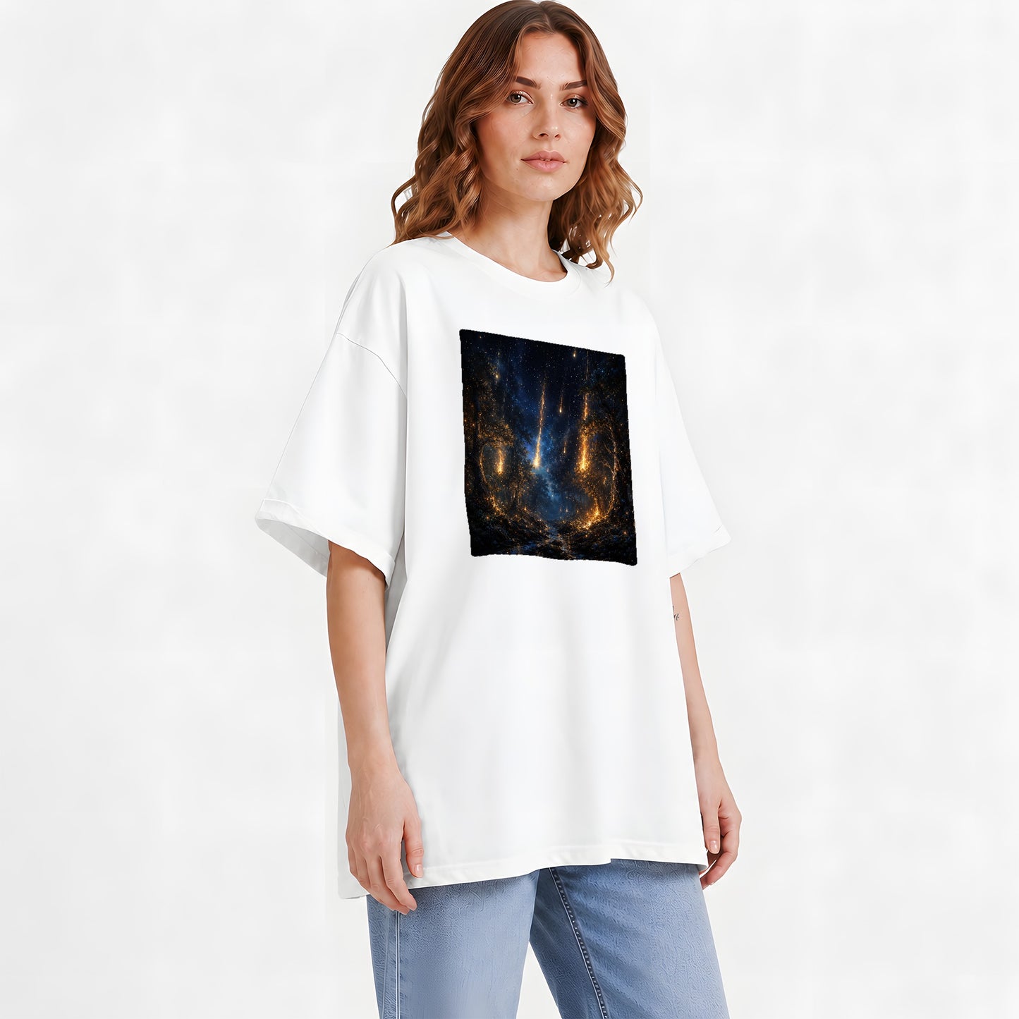 #pl[White] Meteor Shower Forest Graphic T-Shirt, Celestial Woodland Art
