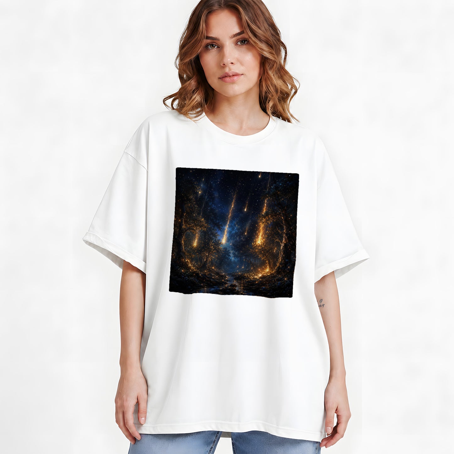 #pl[White] Meteor Shower Forest Graphic T-Shirt, Celestial Woodland Art