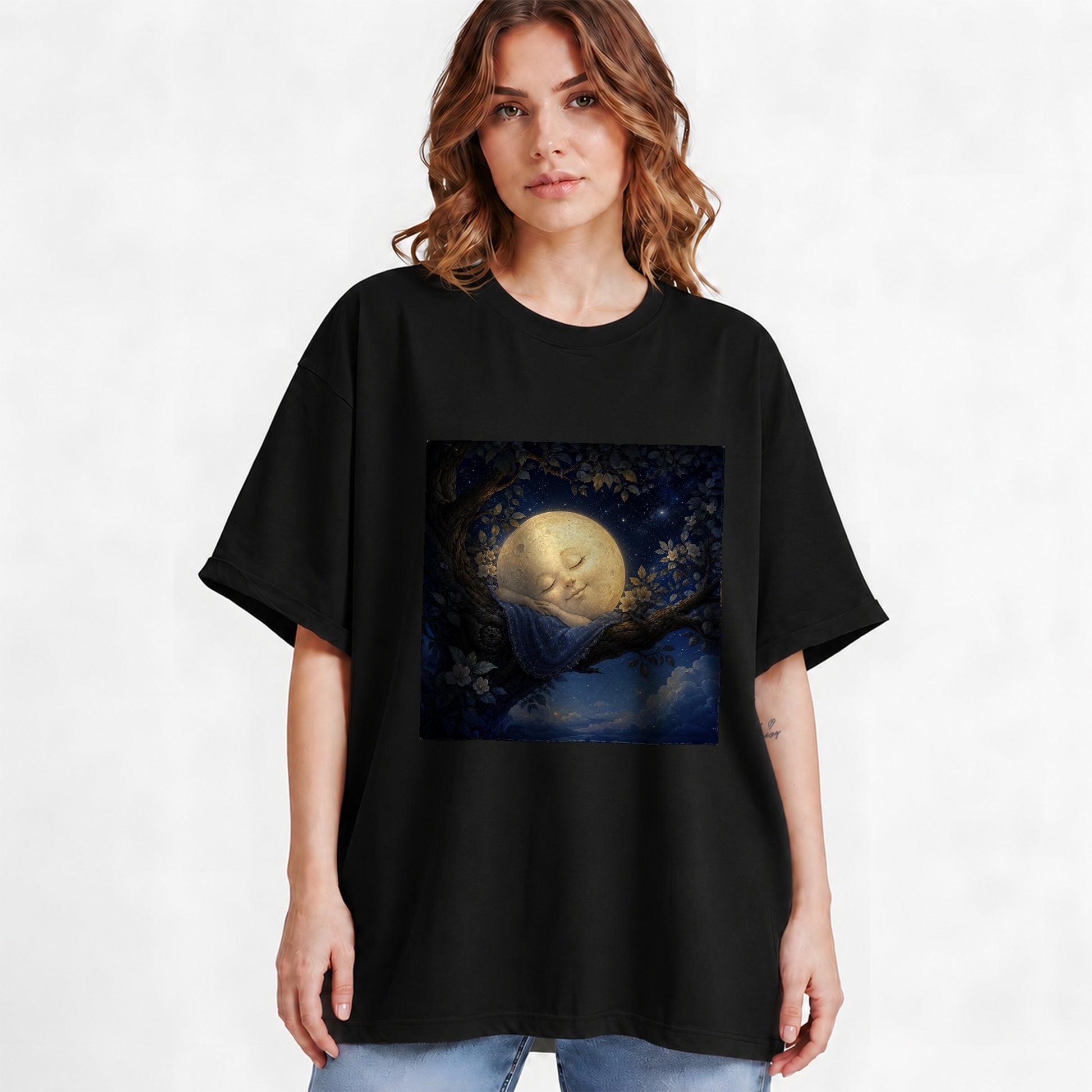 #pl[Black] Sleeping Moon Graphic T-Shirt, Dreamy Celestial Night Illustration