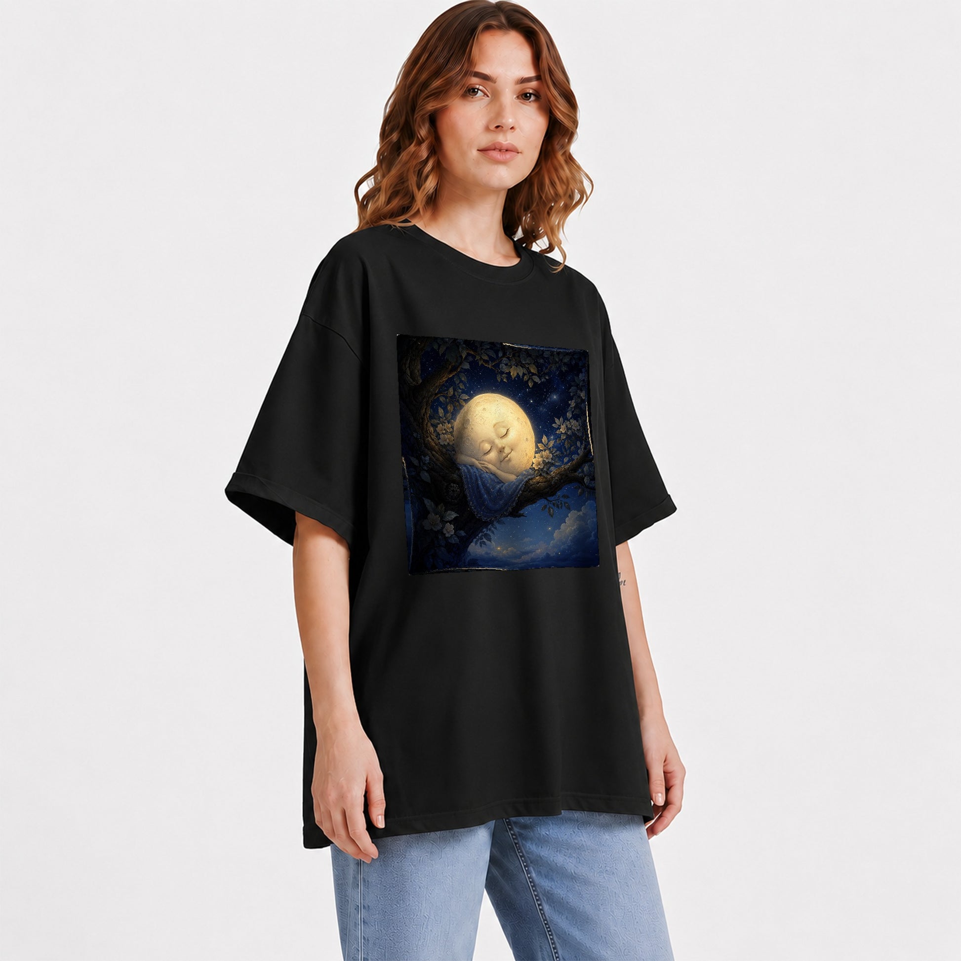 #pl[Black] Sleeping Moon Graphic T-Shirt, Dreamy Celestial Night Illustration