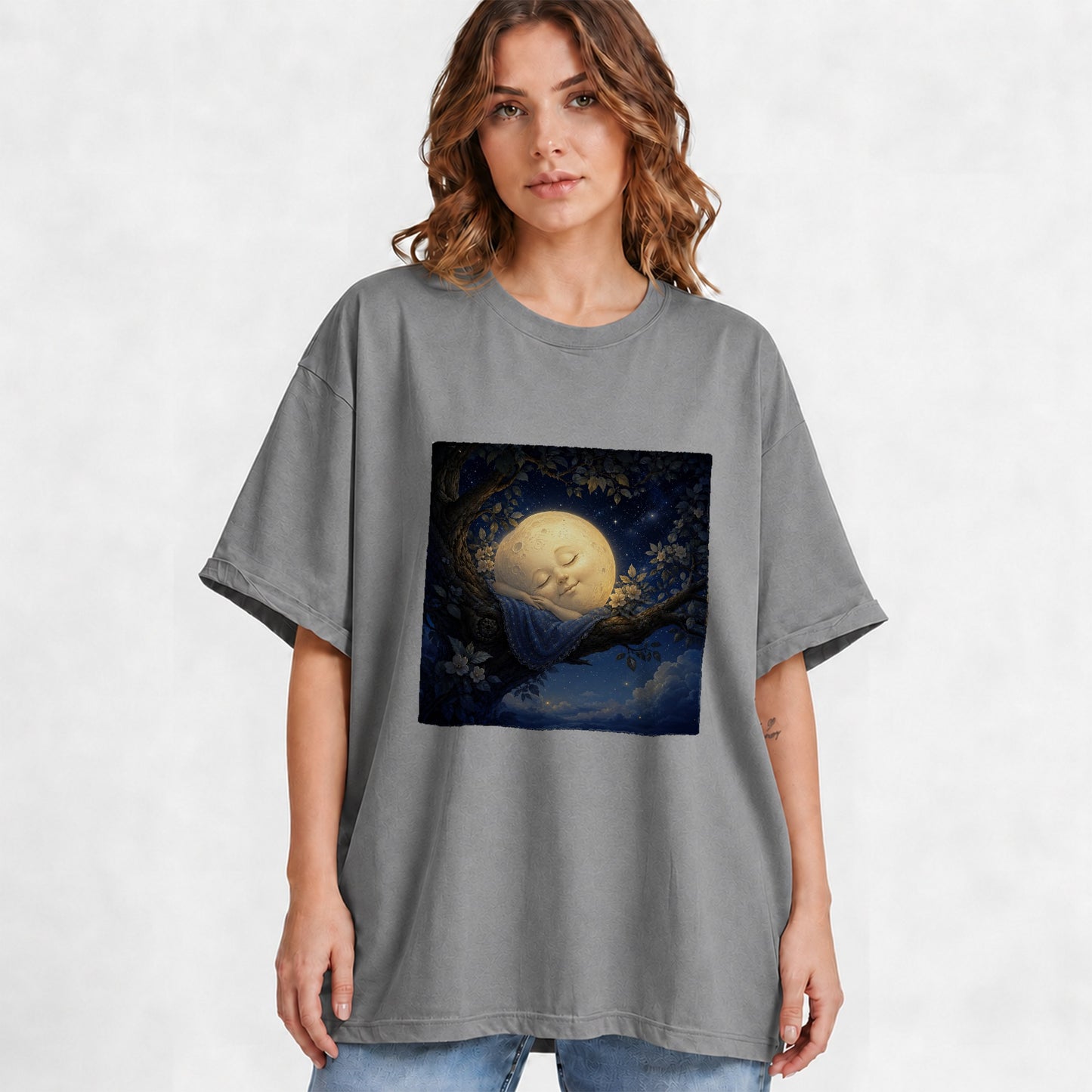 #pl[Gray] Sleeping Moon Graphic T-Shirt, Dreamy Celestial Night Illustration