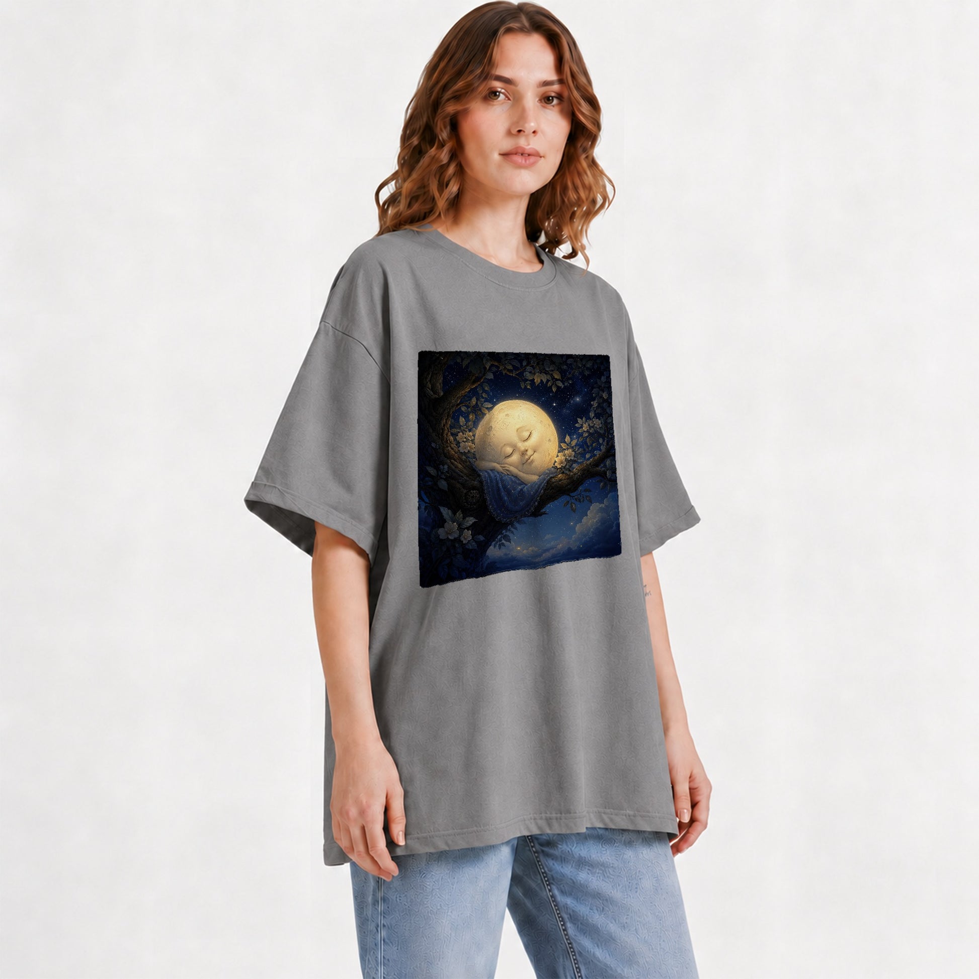 #pl[Gray] Sleeping Moon Graphic T-Shirt, Dreamy Celestial Night Illustration