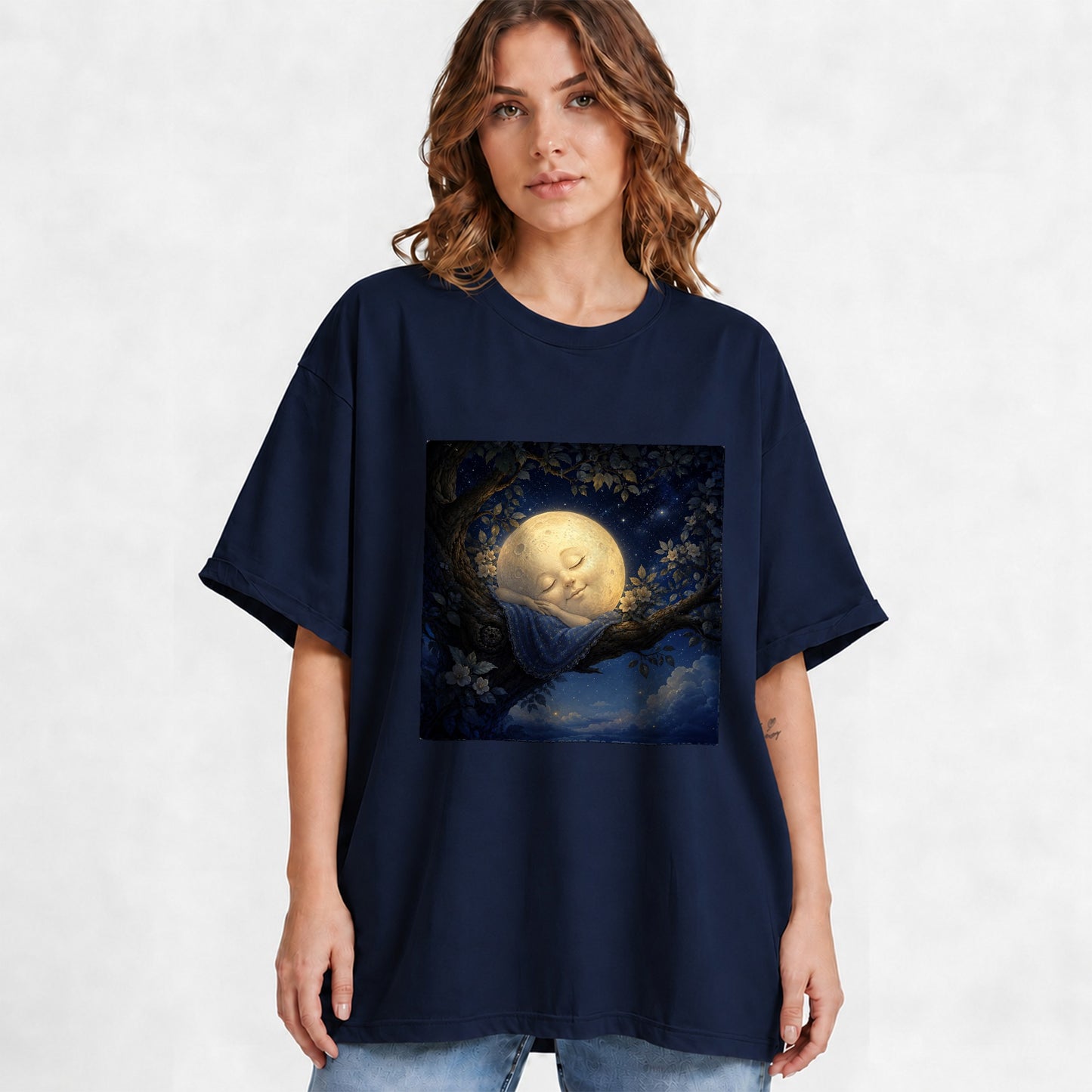 #pl[Navy] Sleeping Moon Graphic T-Shirt, Dreamy Celestial Night Illustration