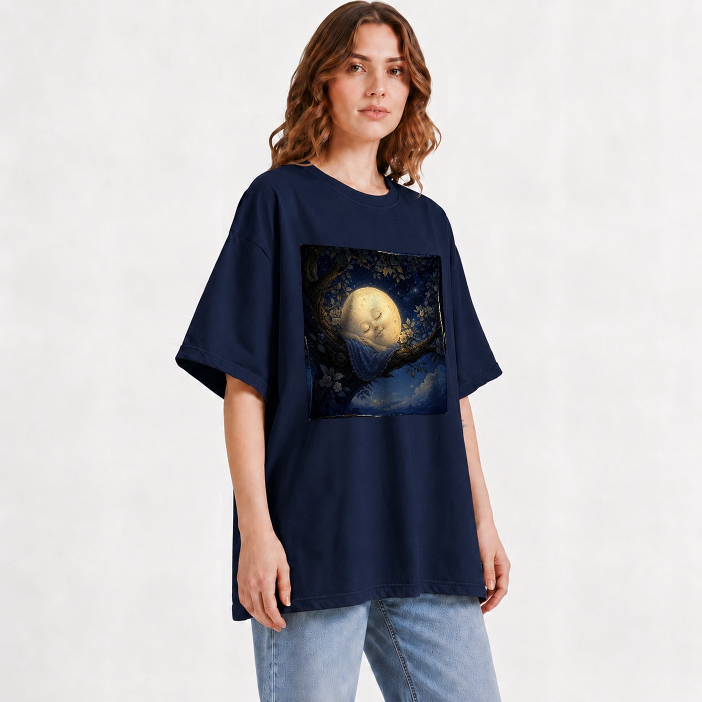 #pl[Navy] Sleeping Moon Graphic T-Shirt, Dreamy Celestial Night Illustration