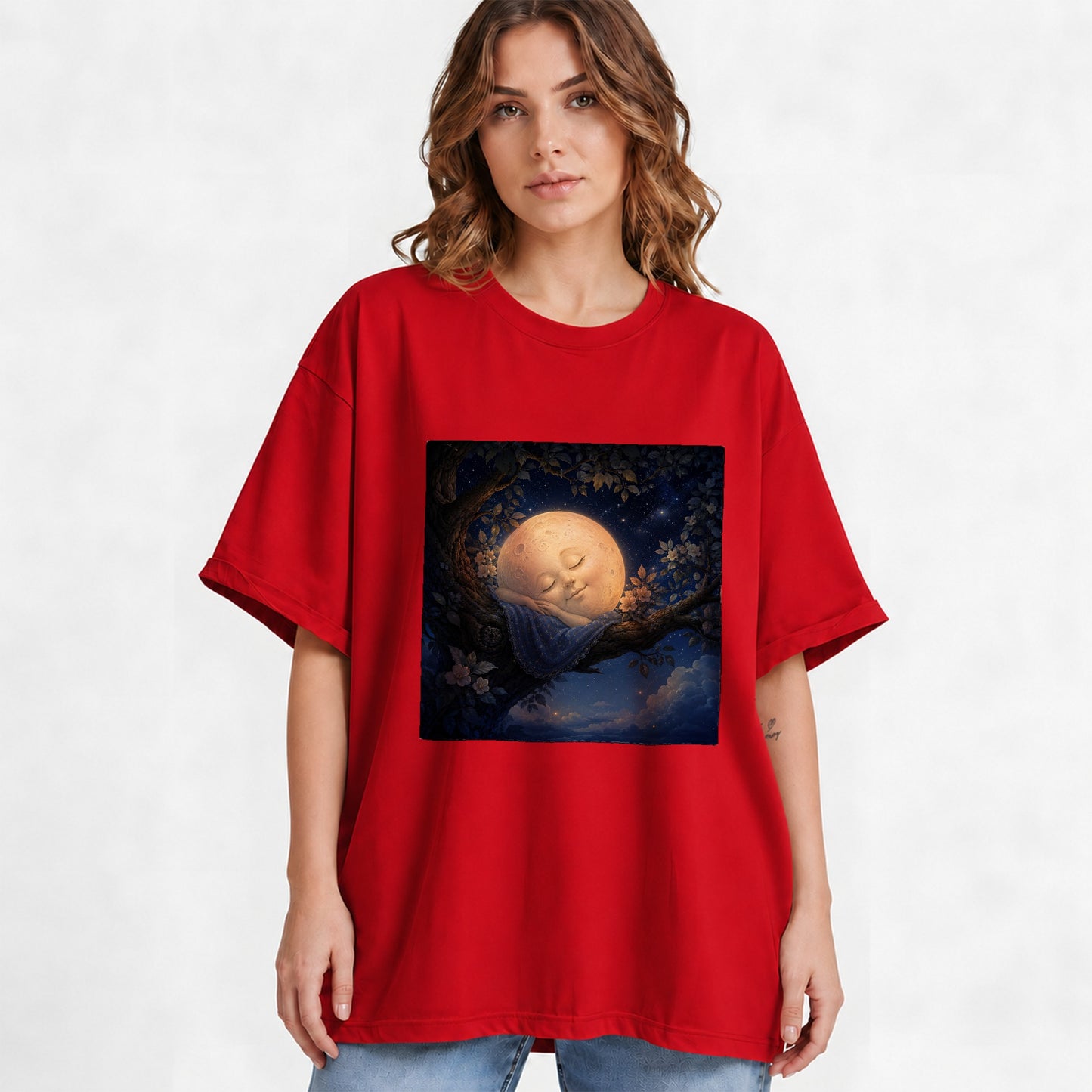 #pl[Red] Sleeping Moon Graphic T-Shirt, Dreamy Celestial Night Illustration