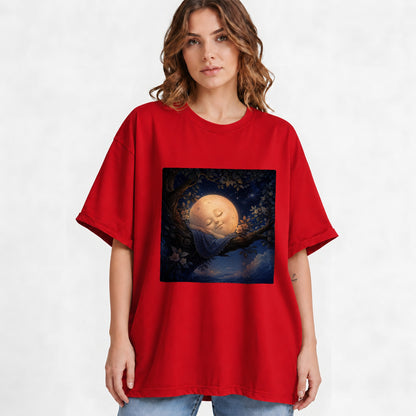 #pl[Red] Sleeping Moon Graphic T-Shirt, Dreamy Celestial Night Illustration