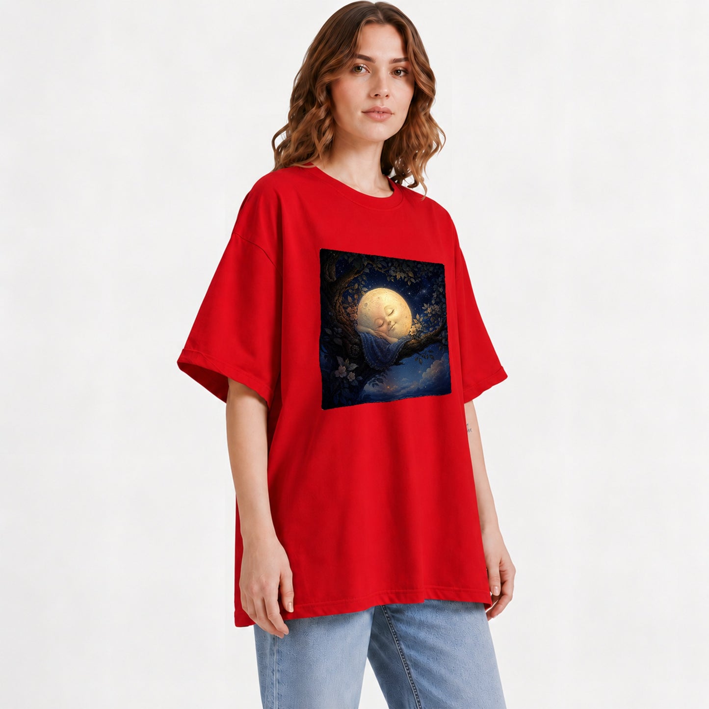 #pl[Red] Sleeping Moon Graphic T-Shirt, Dreamy Celestial Night Illustration