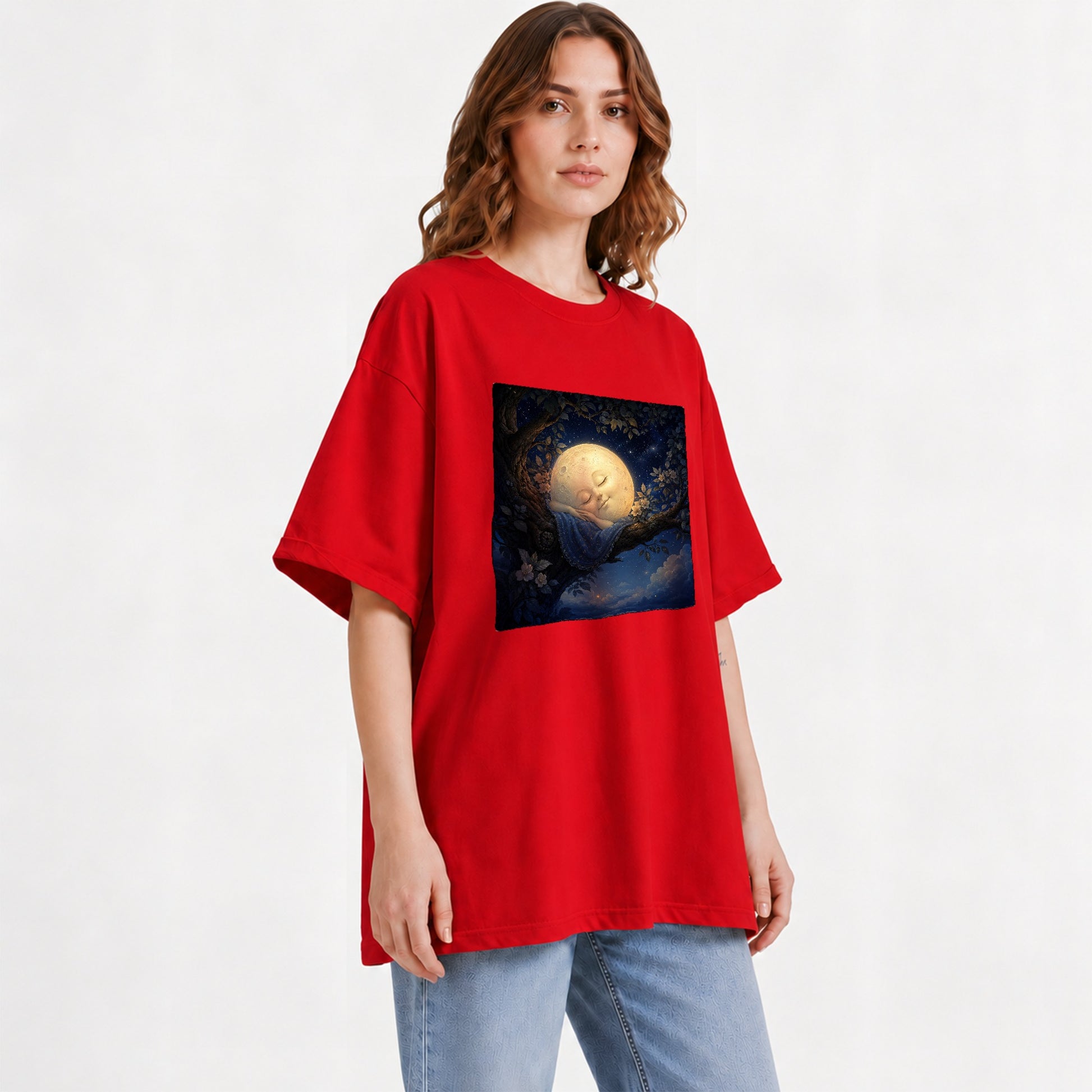 #pl[Red] Sleeping Moon Graphic T-Shirt, Dreamy Celestial Night Illustration