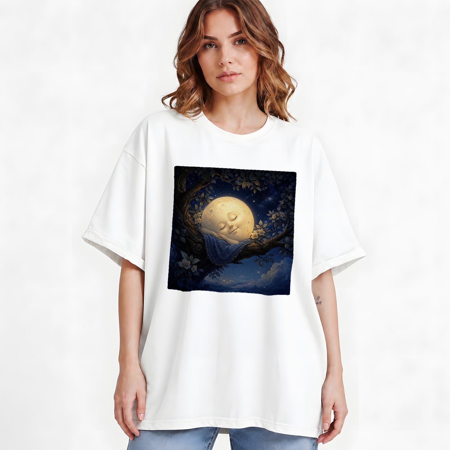 #pl[White] Sleeping Moon Graphic T-Shirt, Dreamy Celestial Night Illustration