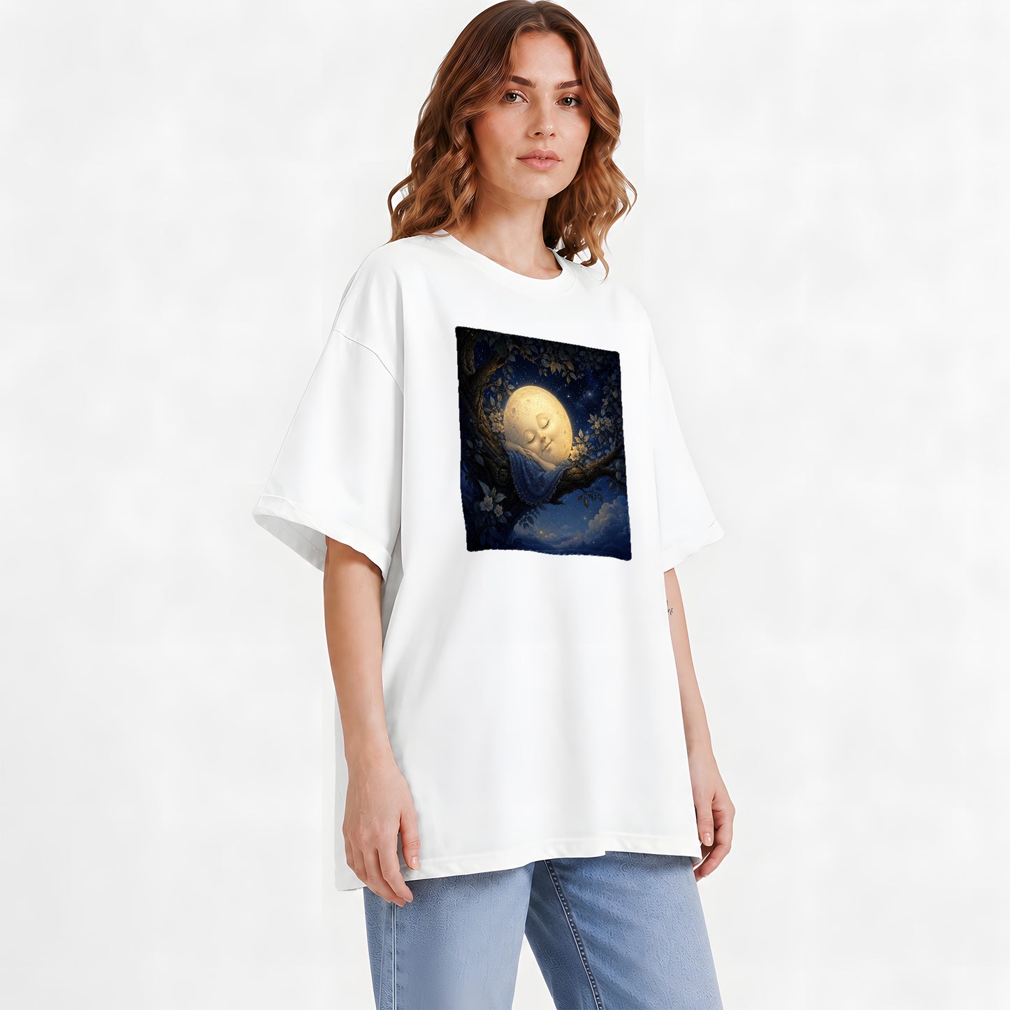 #pl[White] Sleeping Moon Graphic T-Shirt, Dreamy Celestial Night Illustration