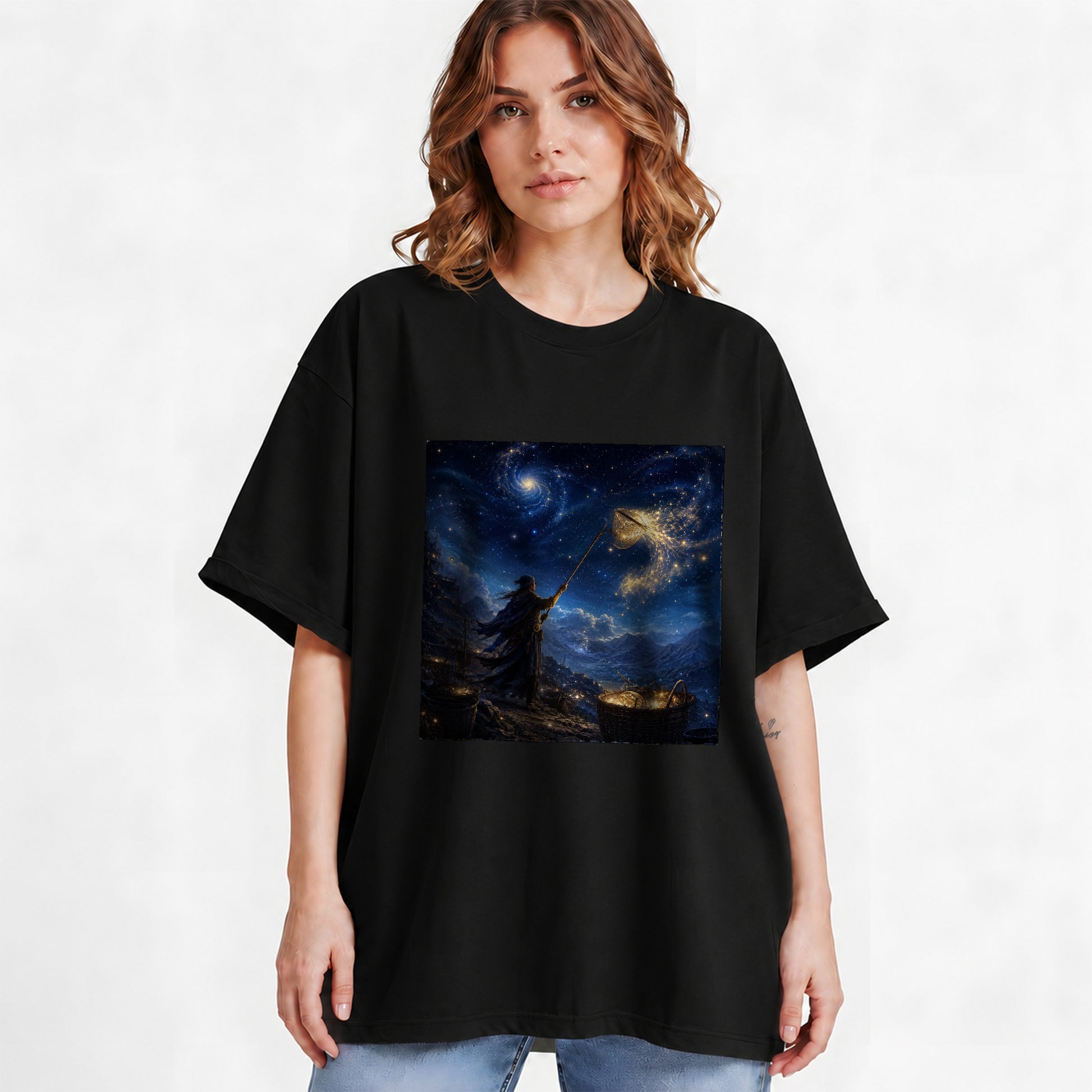 #pl[Black] Star Catcher Graphic T-Shirt, Celestial Fantasy Adventure Art