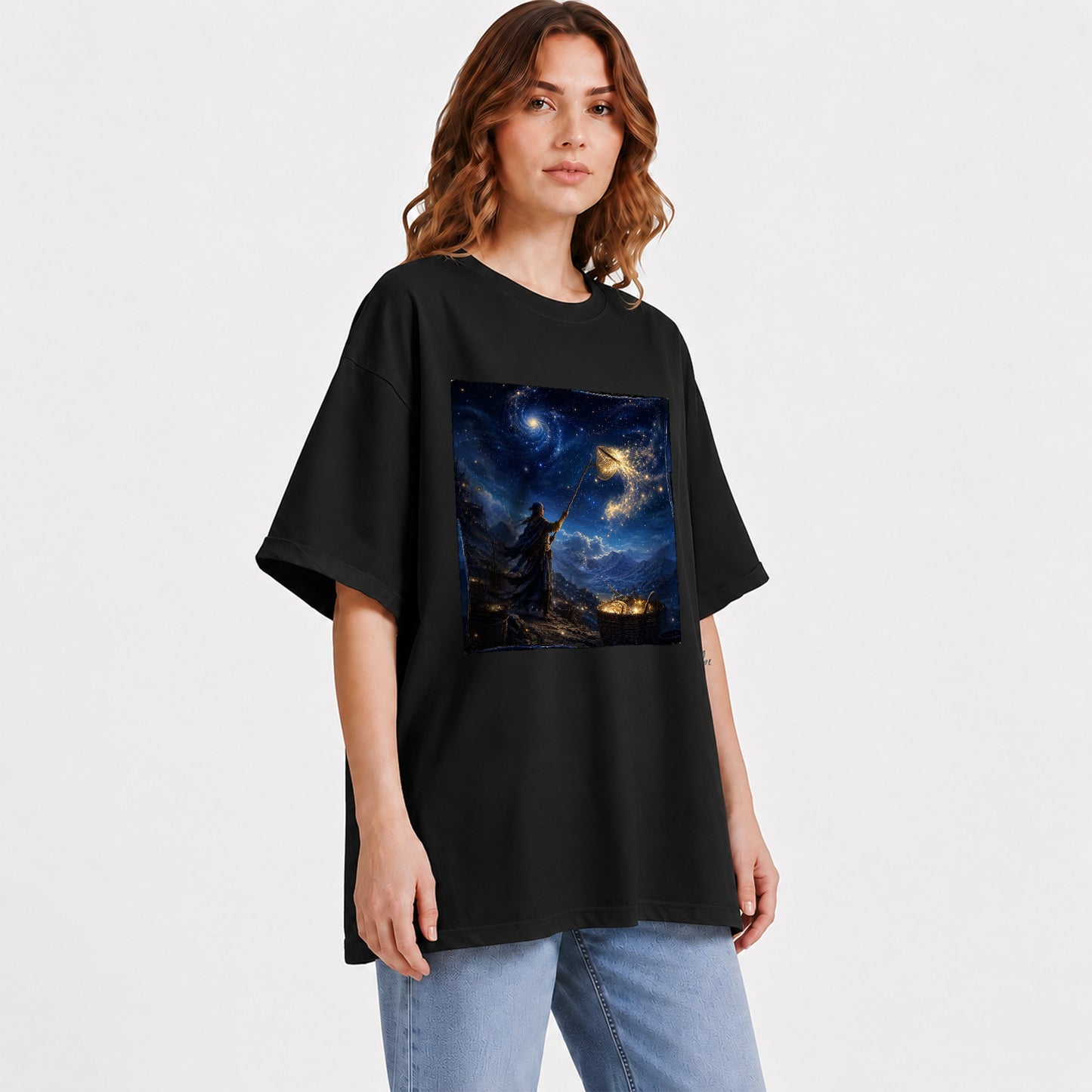 #pl[Black] Star Catcher Graphic T-Shirt, Celestial Fantasy Adventure Art