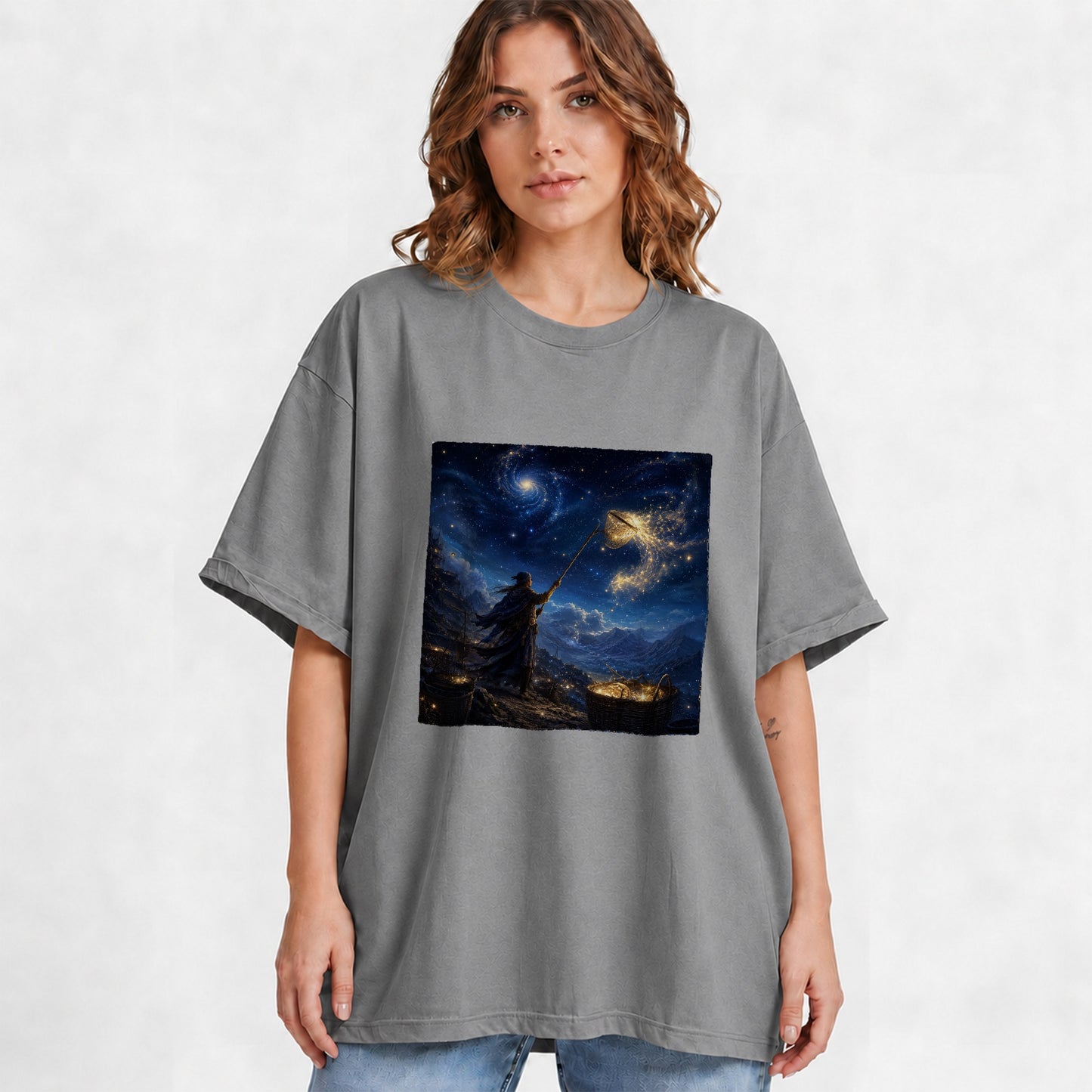 #pl[Gray] Star Catcher Graphic T-Shirt, Celestial Fantasy Adventure Art