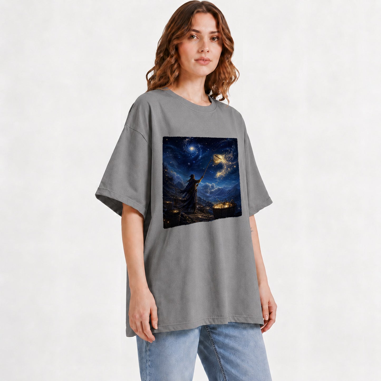 #pl[Gray] Star Catcher Graphic T-Shirt, Celestial Fantasy Adventure Art