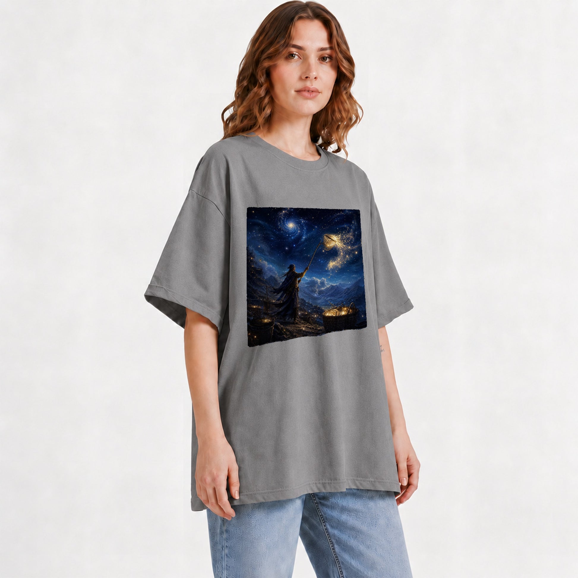 #pl[Gray] Star Catcher Graphic T-Shirt, Celestial Fantasy Adventure Art