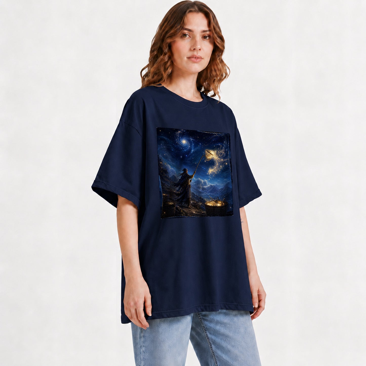#pl[Navy] Star Catcher Graphic T-Shirt, Celestial Fantasy Adventure Art