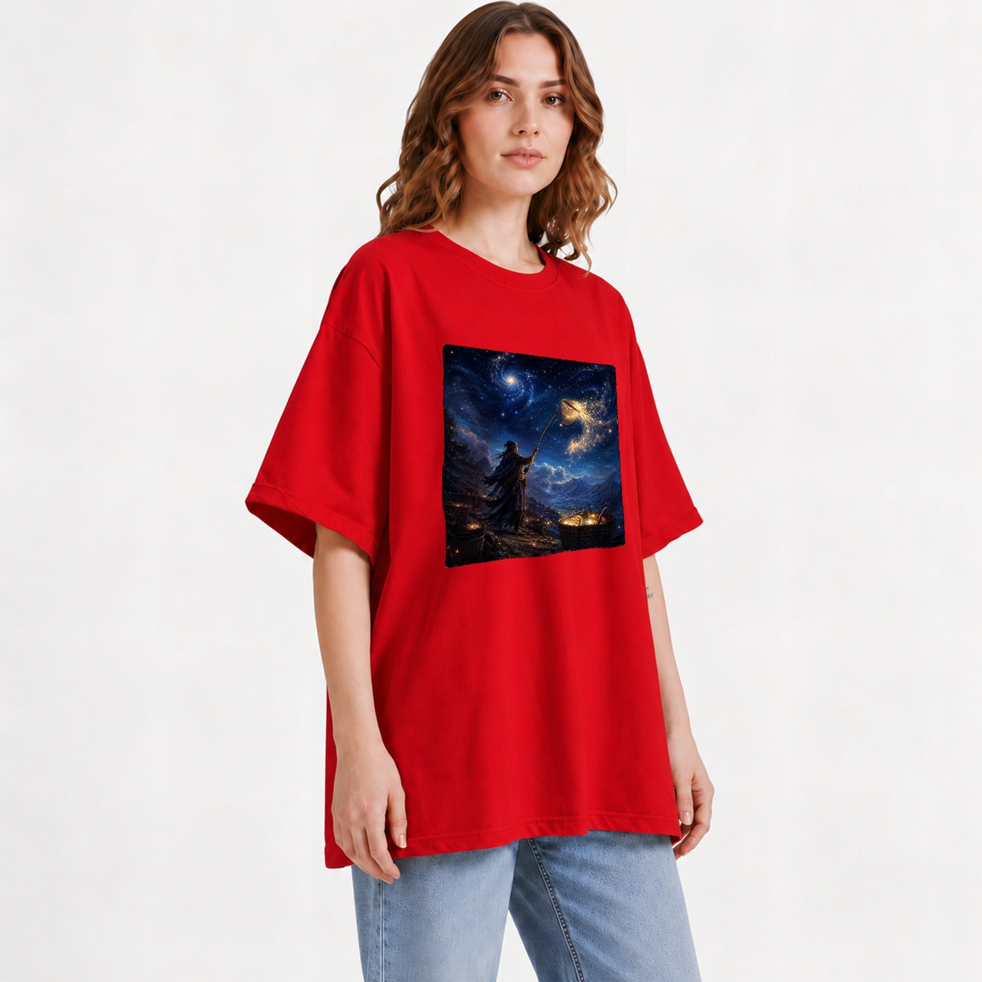 #pl[Red] Star Catcher Graphic T-Shirt, Celestial Fantasy Adventure Art