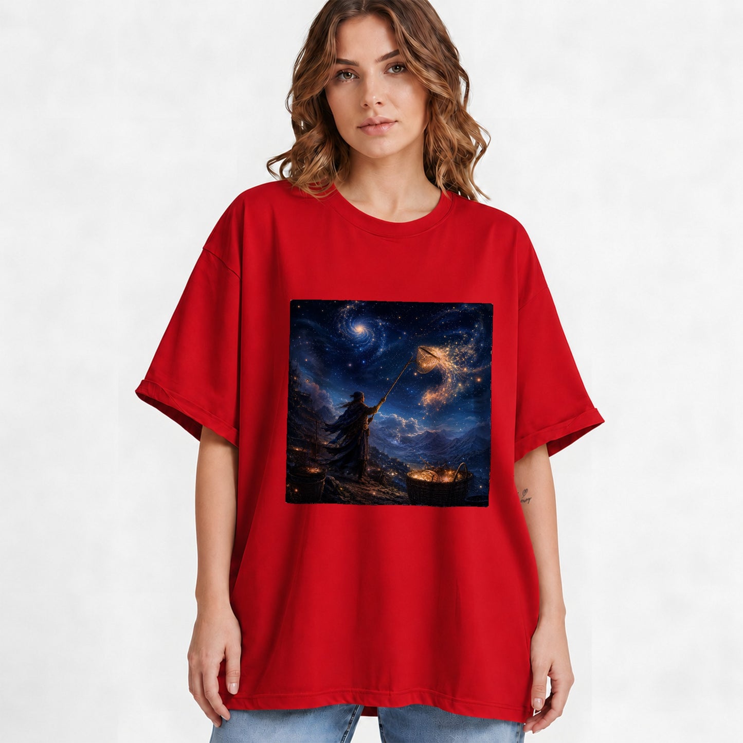 #pl[Red] Star Catcher Graphic T-Shirt, Celestial Fantasy Adventure Art