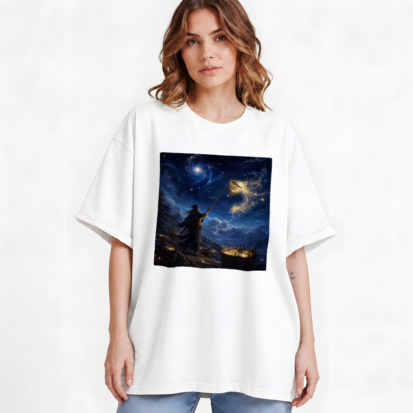 #pl[White] Star Catcher Graphic T-Shirt, Celestial Fantasy Adventure Art