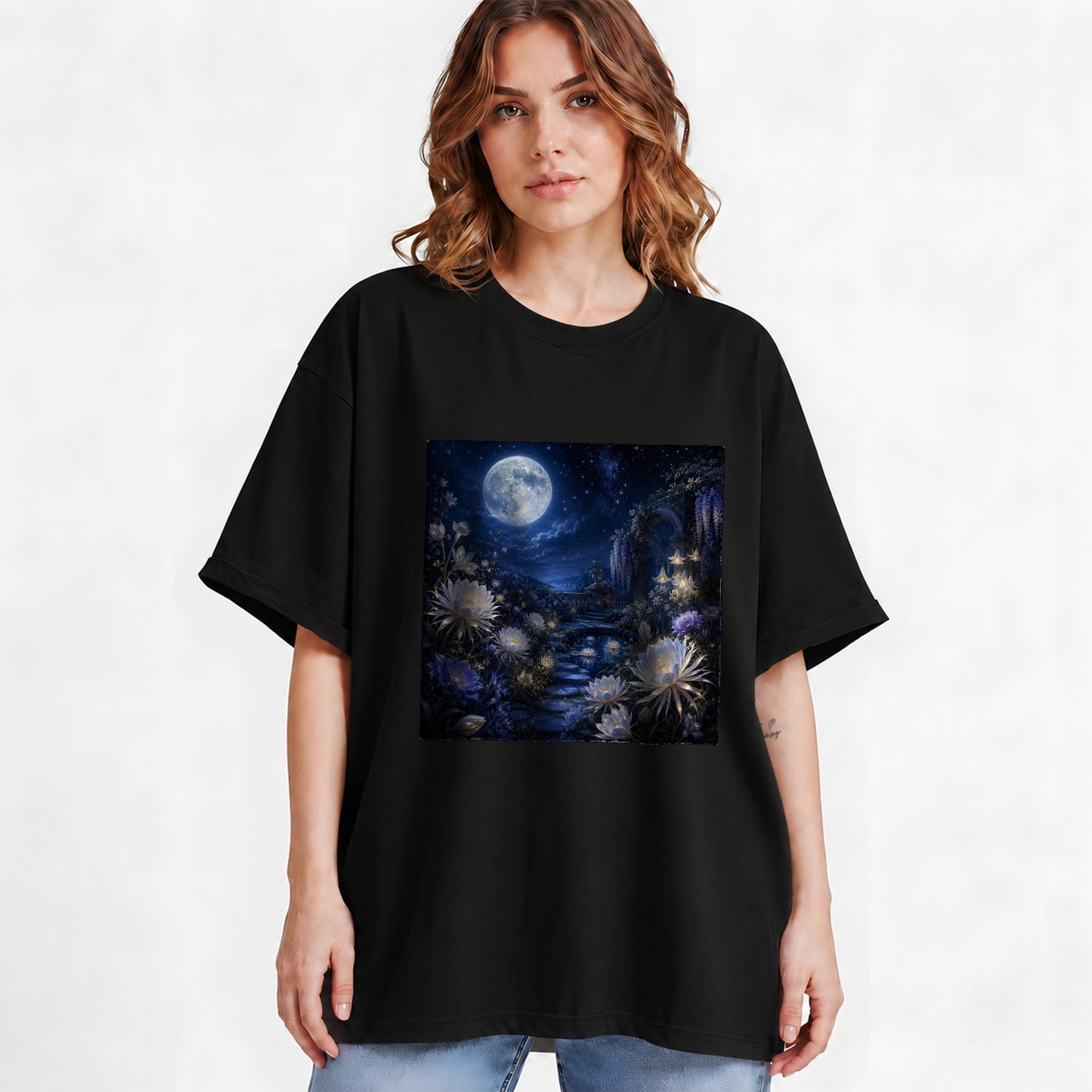 #pl[Black] Moonlit Garden Graphic T-Shirt, Floral Celestial Night Design
