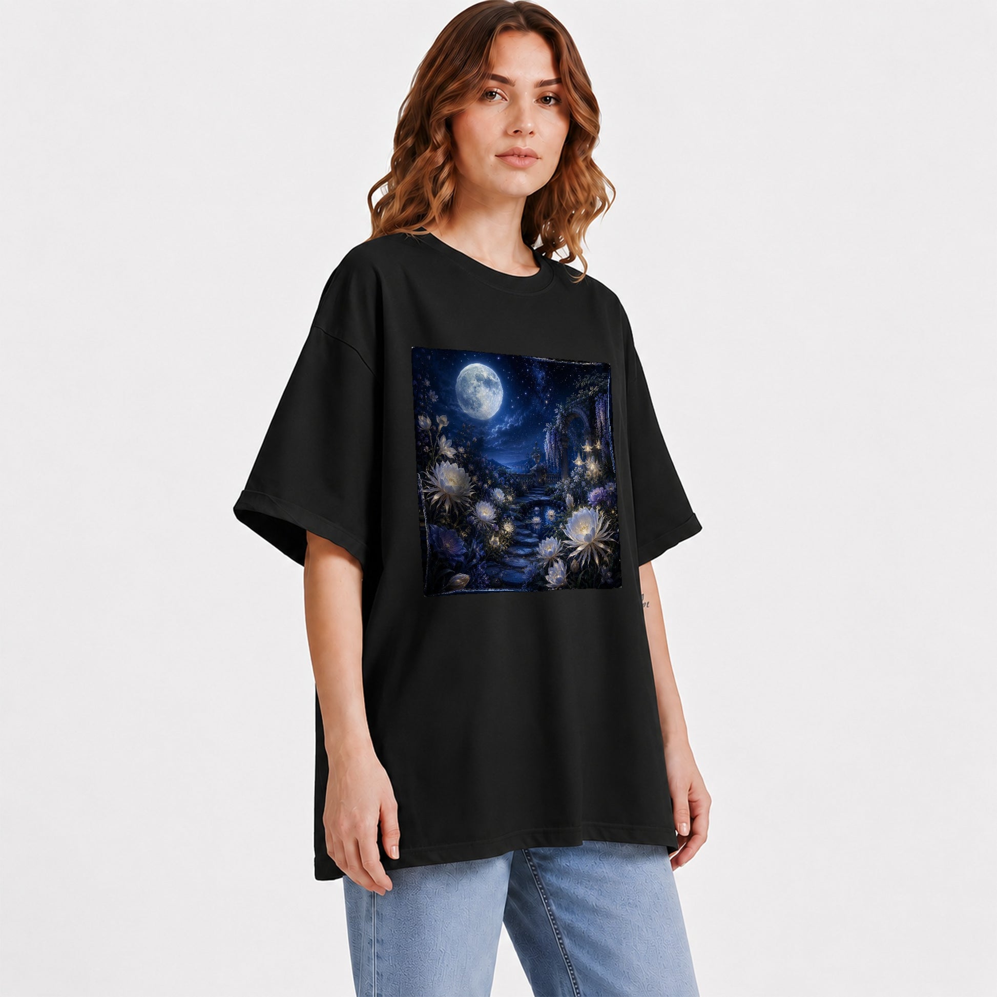 #pl[Black] Moonlit Garden Graphic T-Shirt, Floral Celestial Night Design