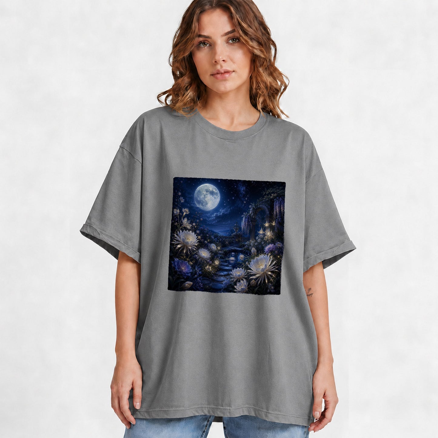 #pl[Gray] Moonlit Garden Graphic T-Shirt, Floral Celestial Night Design