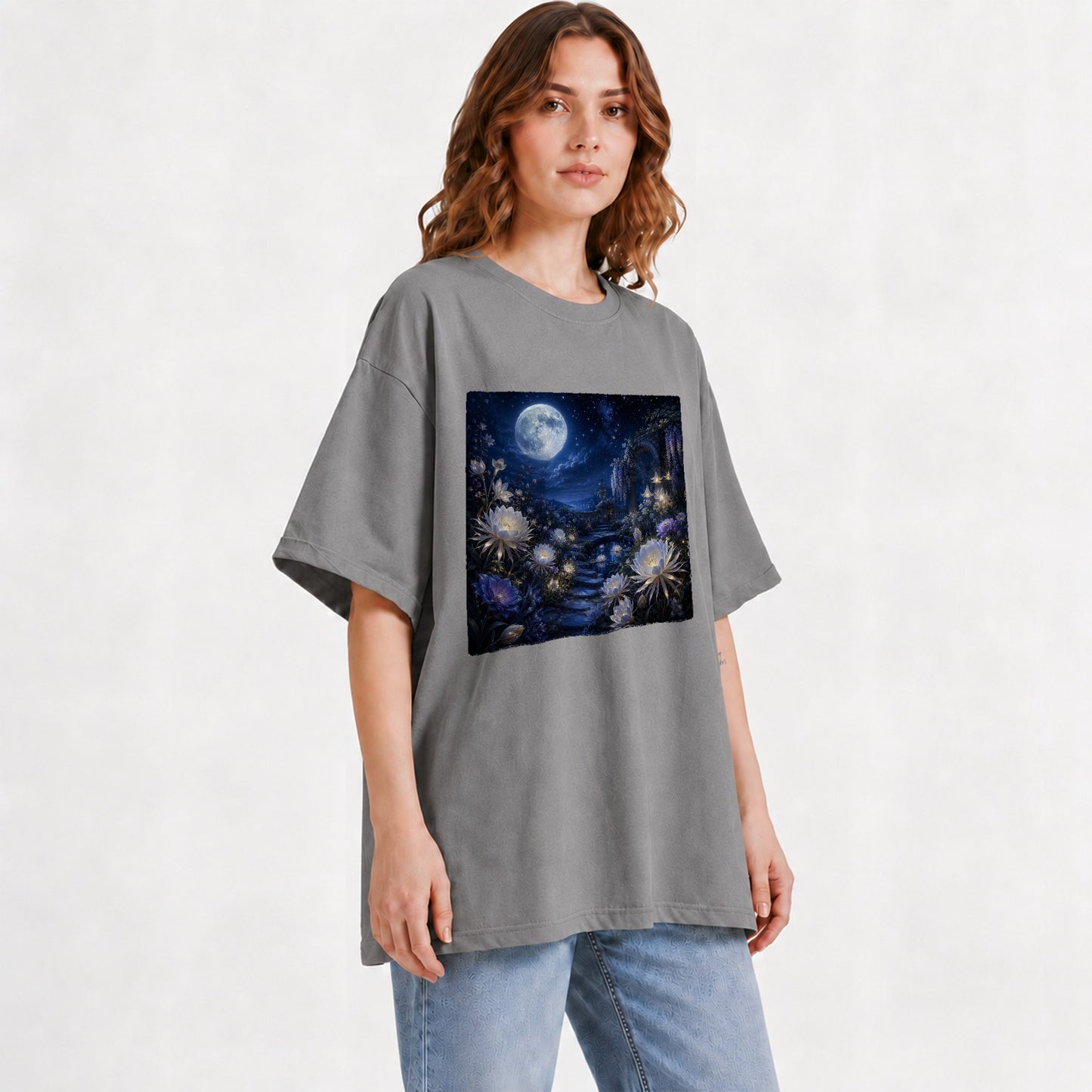 #pl[Gray] Moonlit Garden Graphic T-Shirt, Floral Celestial Night Design