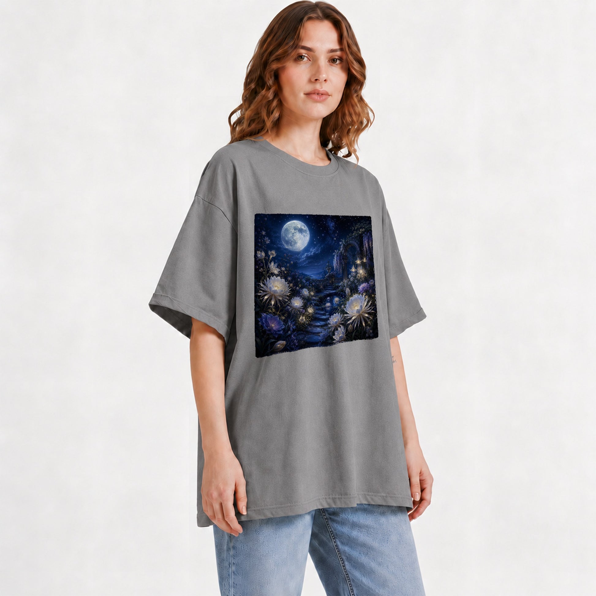 #pl[Gray] Moonlit Garden Graphic T-Shirt, Floral Celestial Night Design