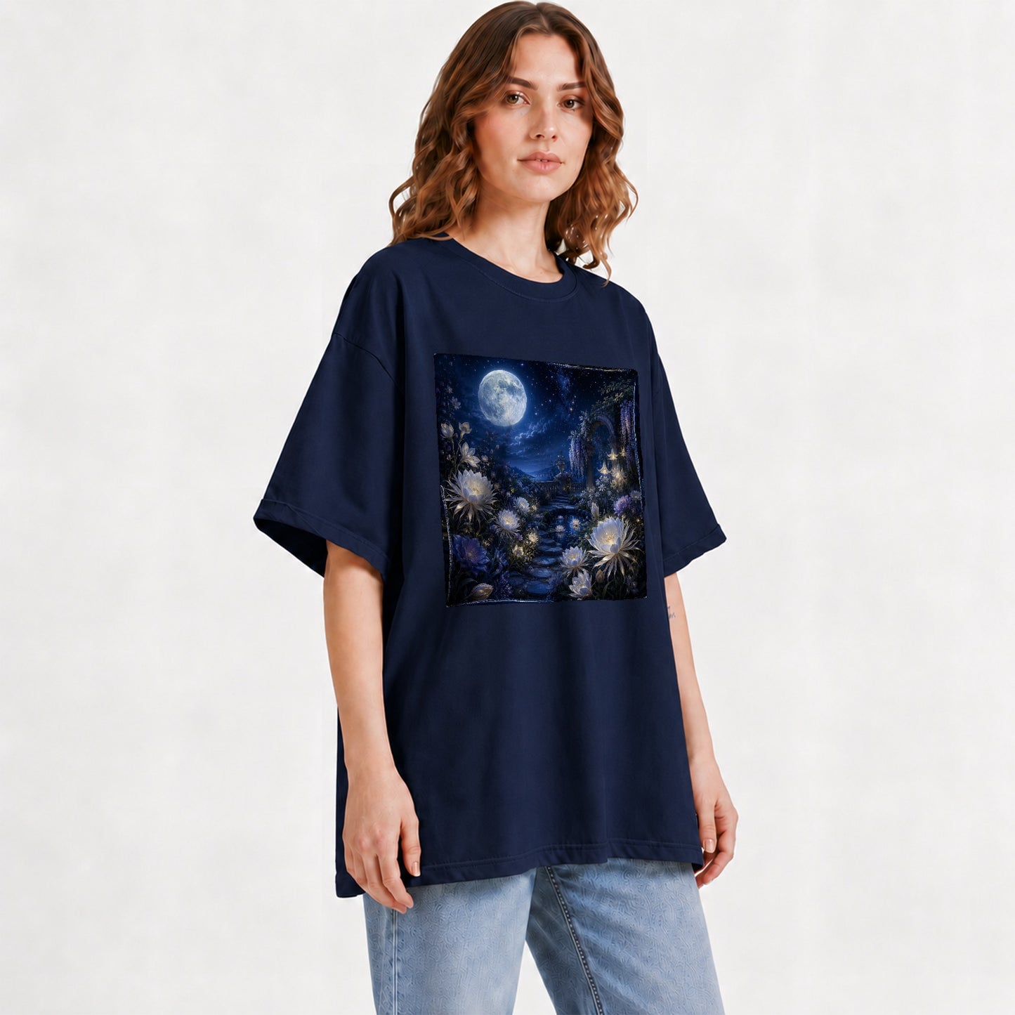 #pl[Navy] Moonlit Garden Graphic T-Shirt, Floral Celestial Night Design