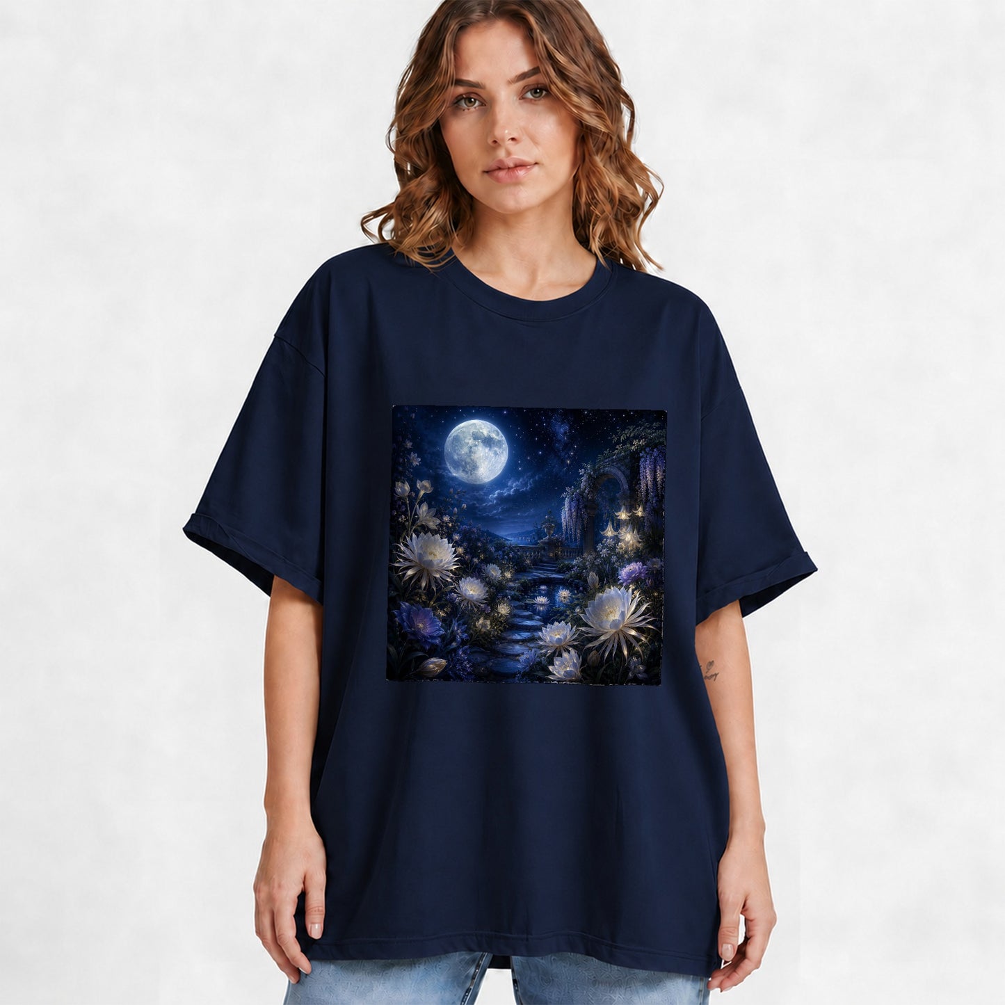 #pl[Navy] Moonlit Garden Graphic T-Shirt, Floral Celestial Night Design