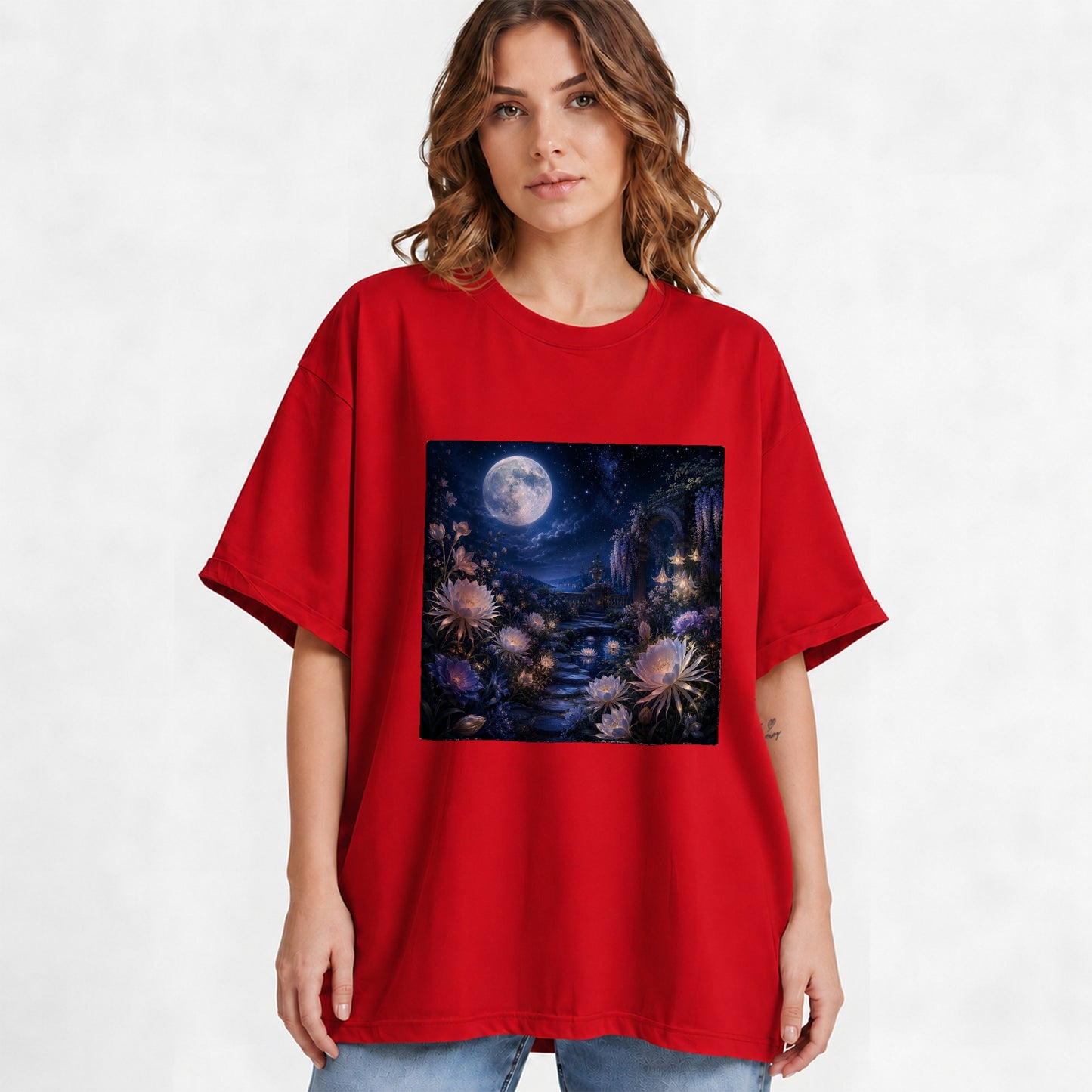 #pl[Red] Moonlit Garden Graphic T-Shirt, Floral Celestial Night Design