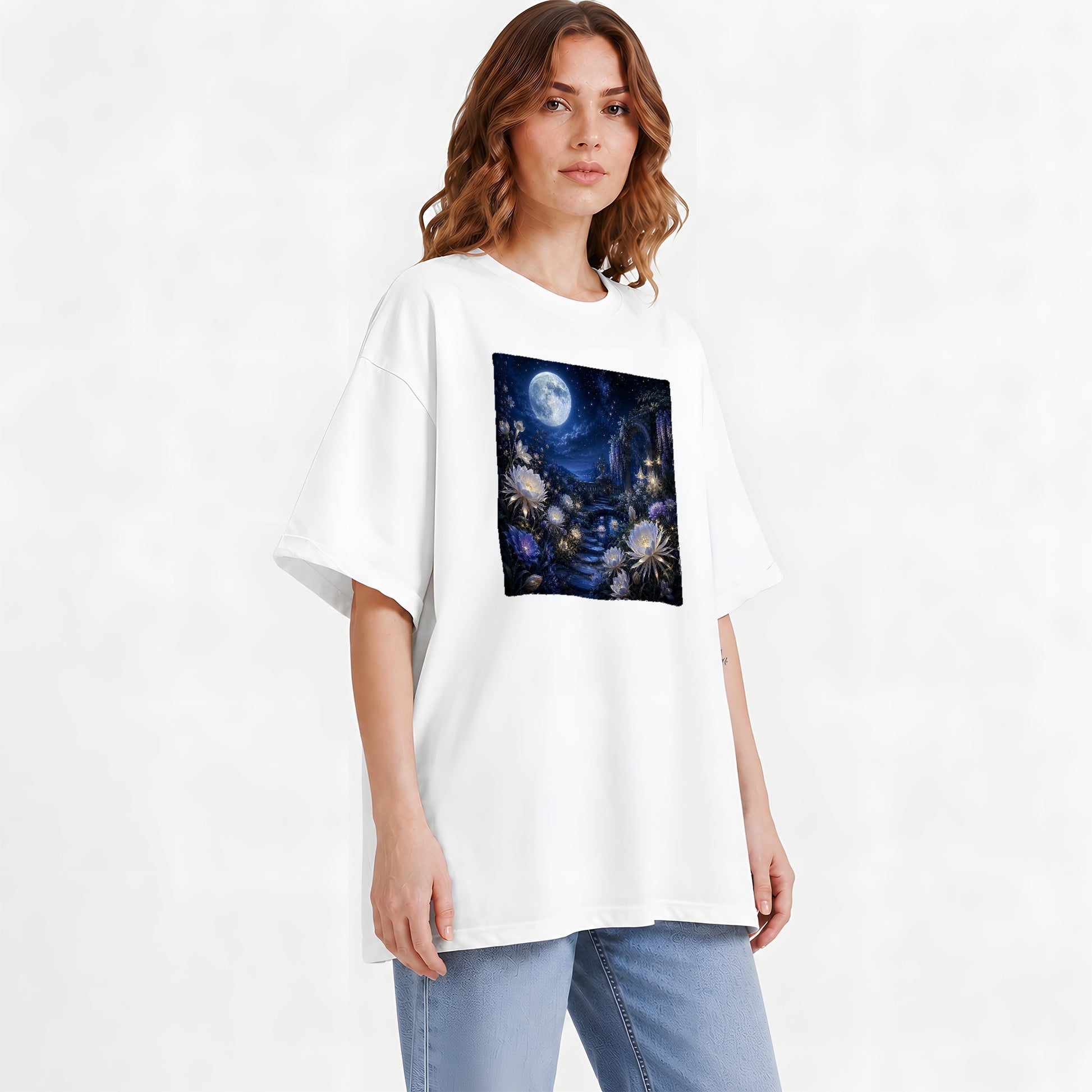 #pl[White] Moonlit Garden Graphic T-Shirt, Floral Celestial Night Design