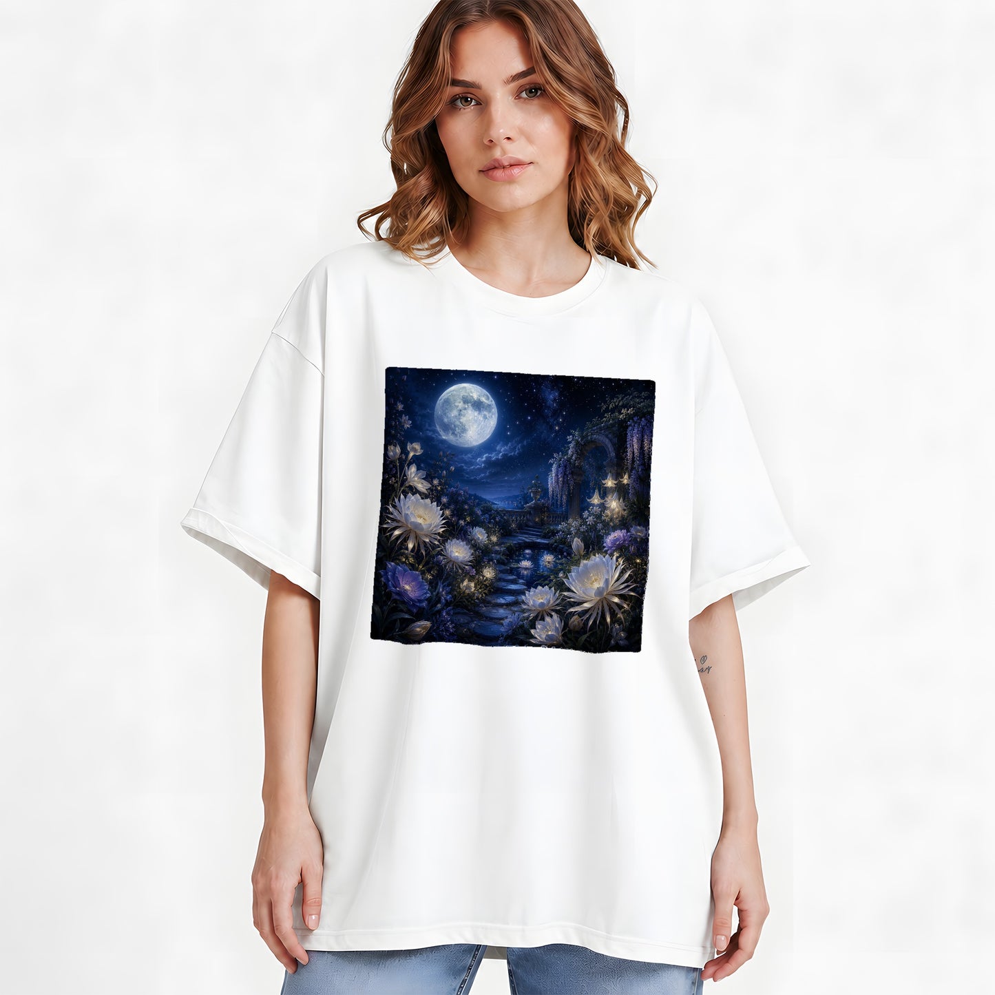 #pl[White] Moonlit Garden Graphic T-Shirt, Floral Celestial Night Design
