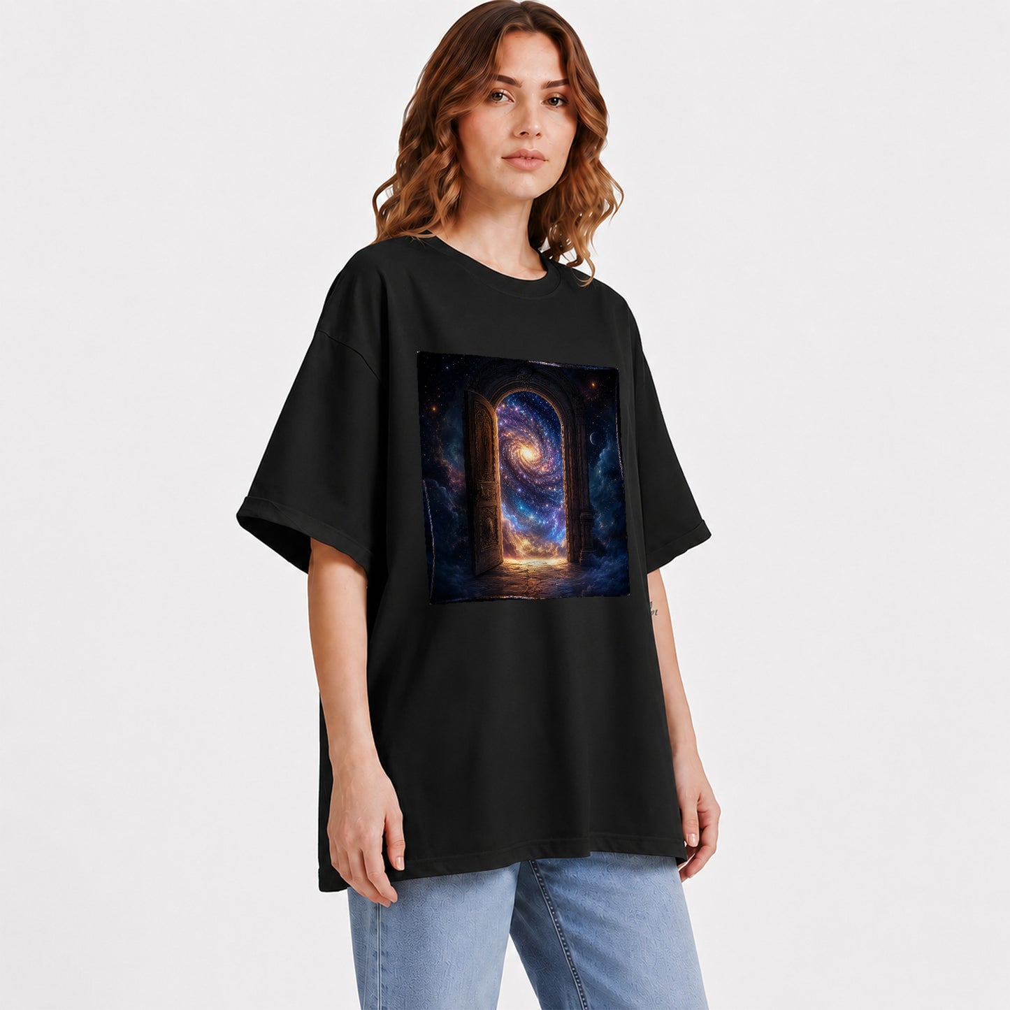 #pl[Black] Cosmic Doorway Graphic T-Shirt, Galaxy Portal Celestial Design