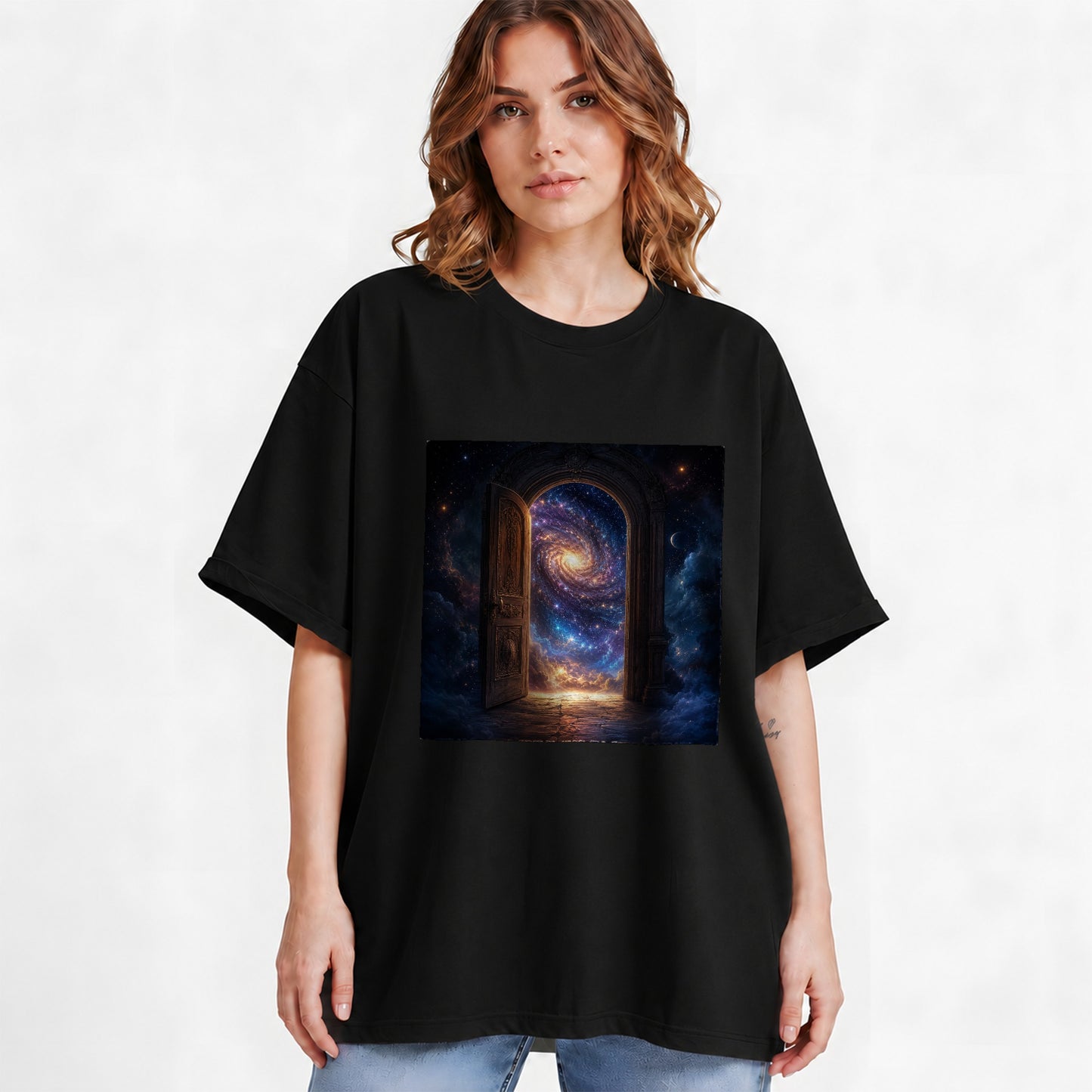 #pl[Black] Cosmic Doorway Graphic T-Shirt, Galaxy Portal Celestial Design