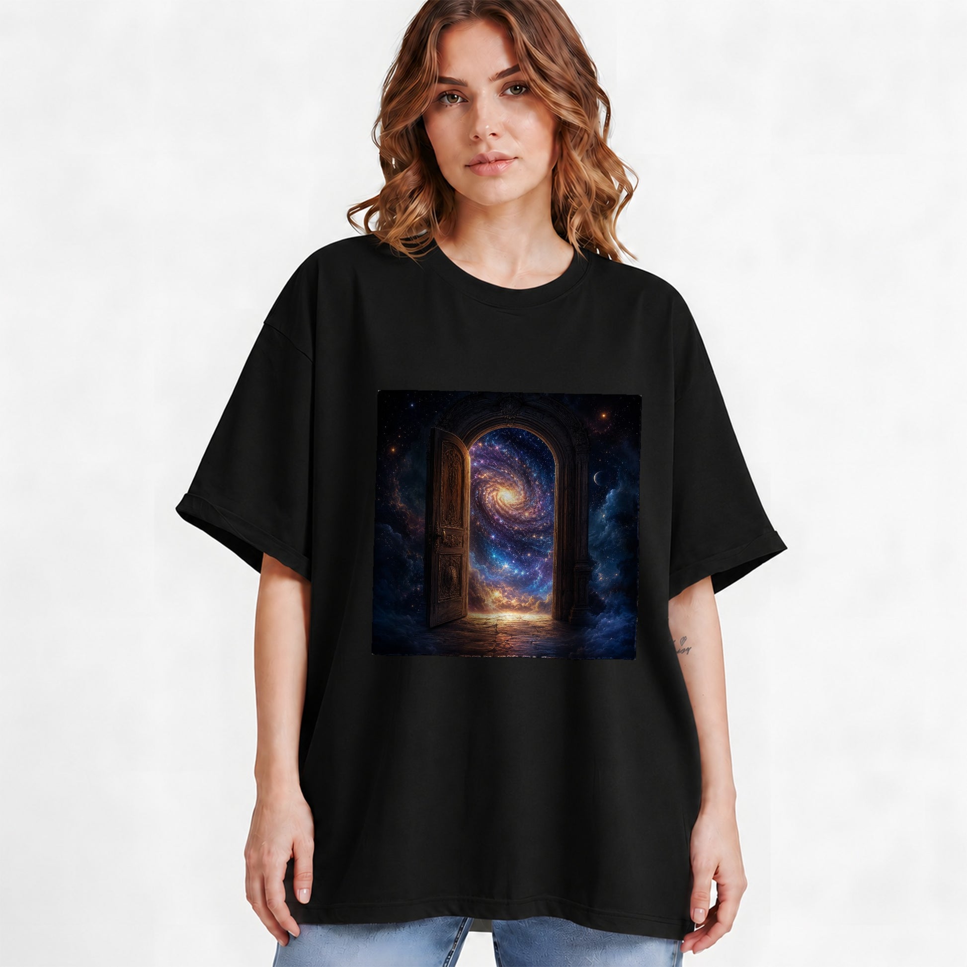 #pl[Black] Cosmic Doorway Graphic T-Shirt, Galaxy Portal Celestial Design