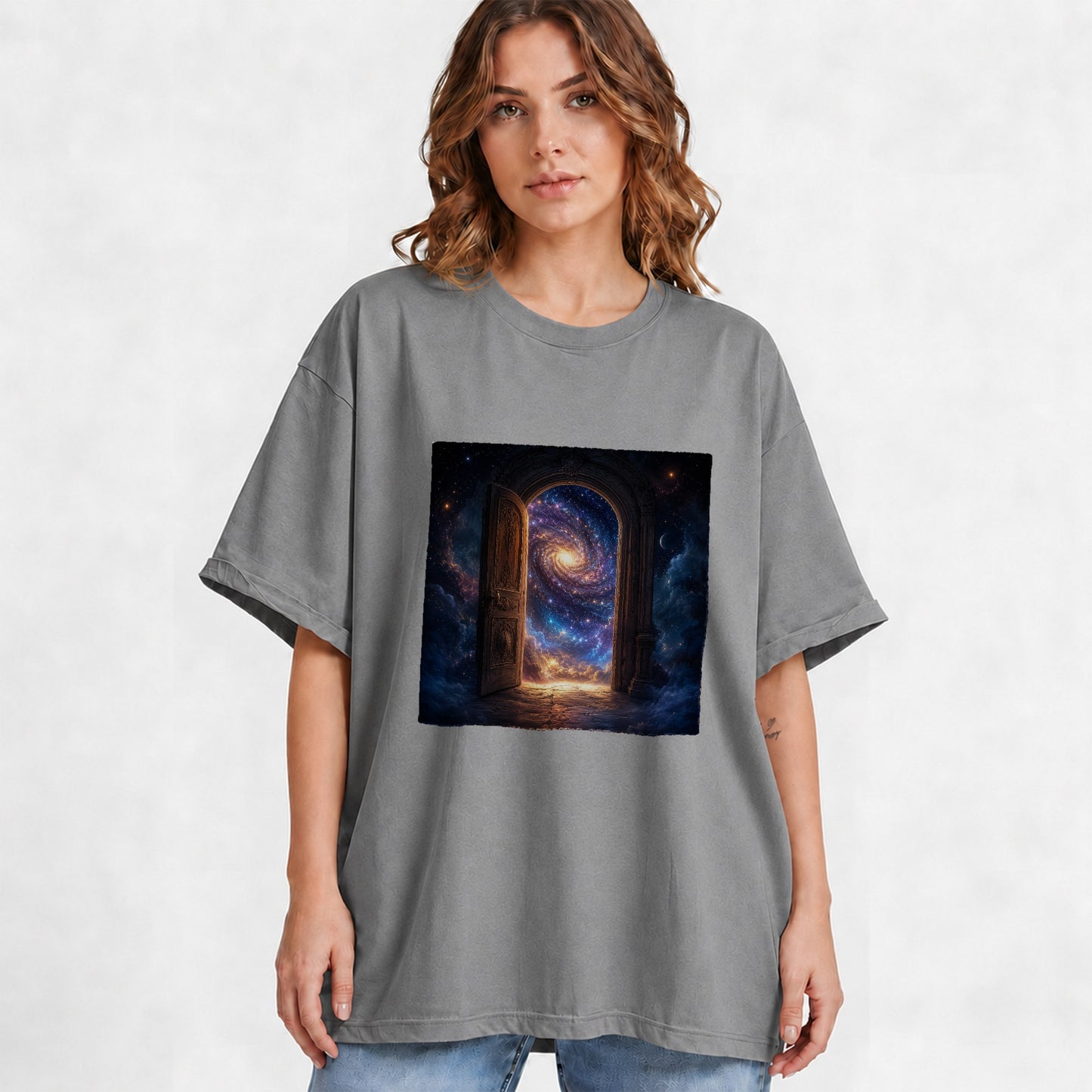 #pl[Gray] Cosmic Doorway Graphic T-Shirt, Galaxy Portal Celestial Design