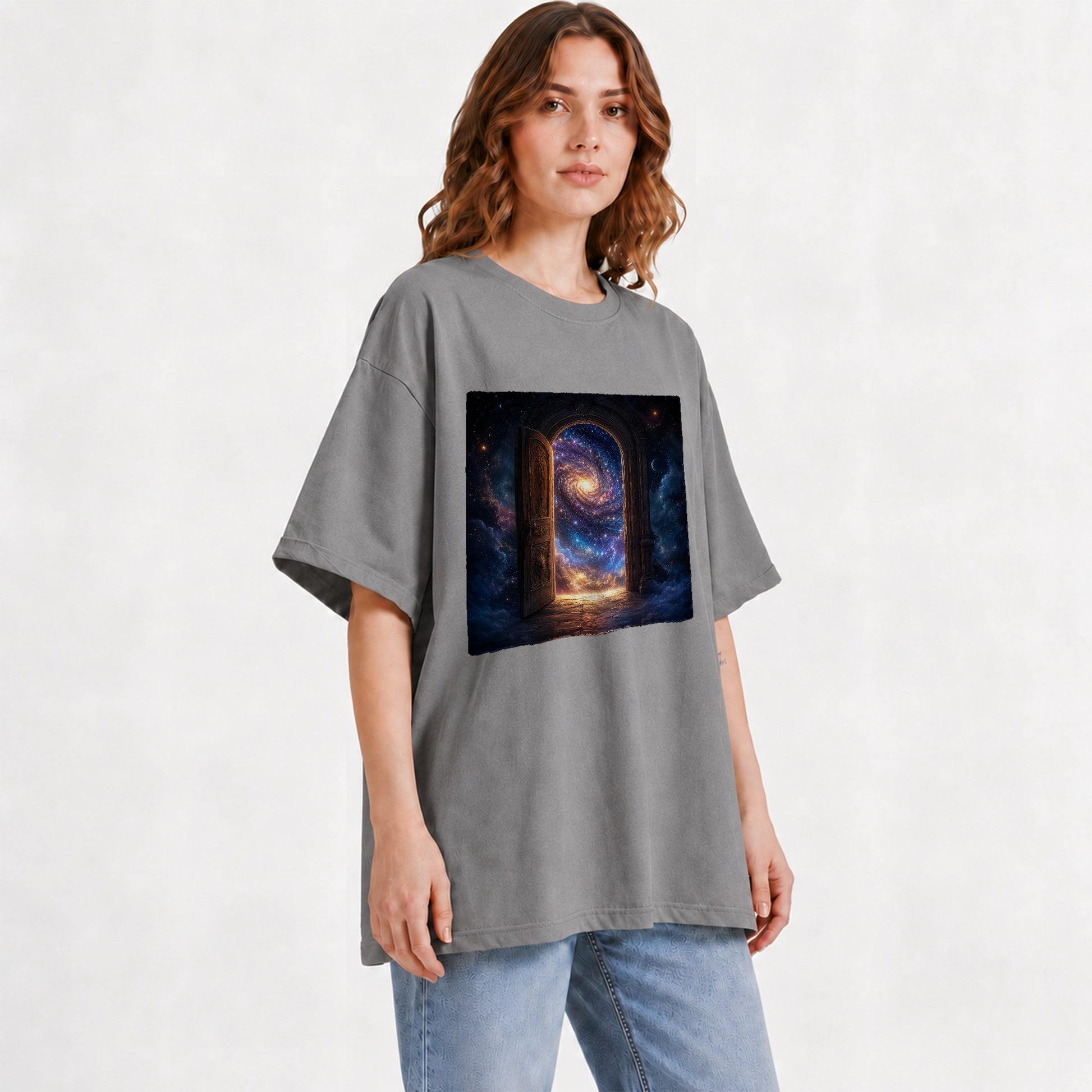 #pl[Gray] Cosmic Doorway Graphic T-Shirt, Galaxy Portal Celestial Design