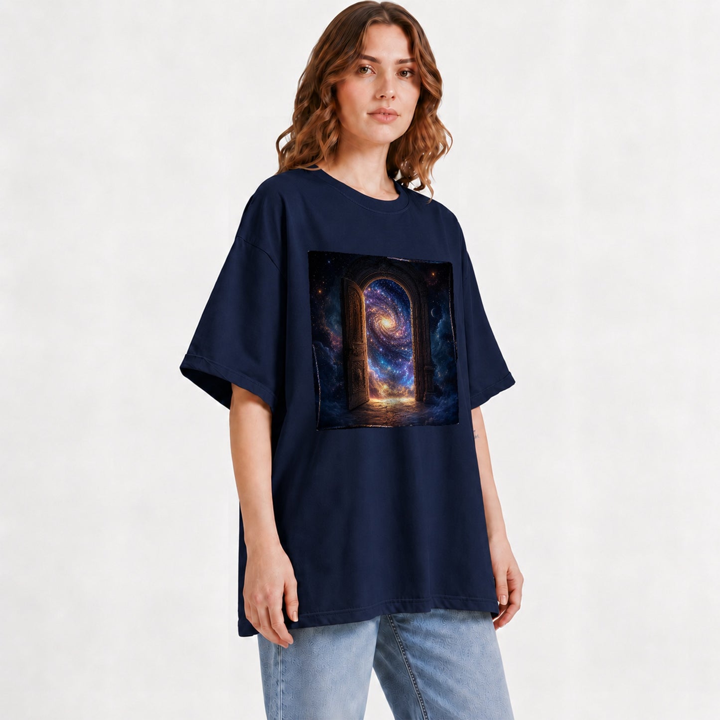 #pl[Navy] Cosmic Doorway Graphic T-Shirt, Galaxy Portal Celestial Design