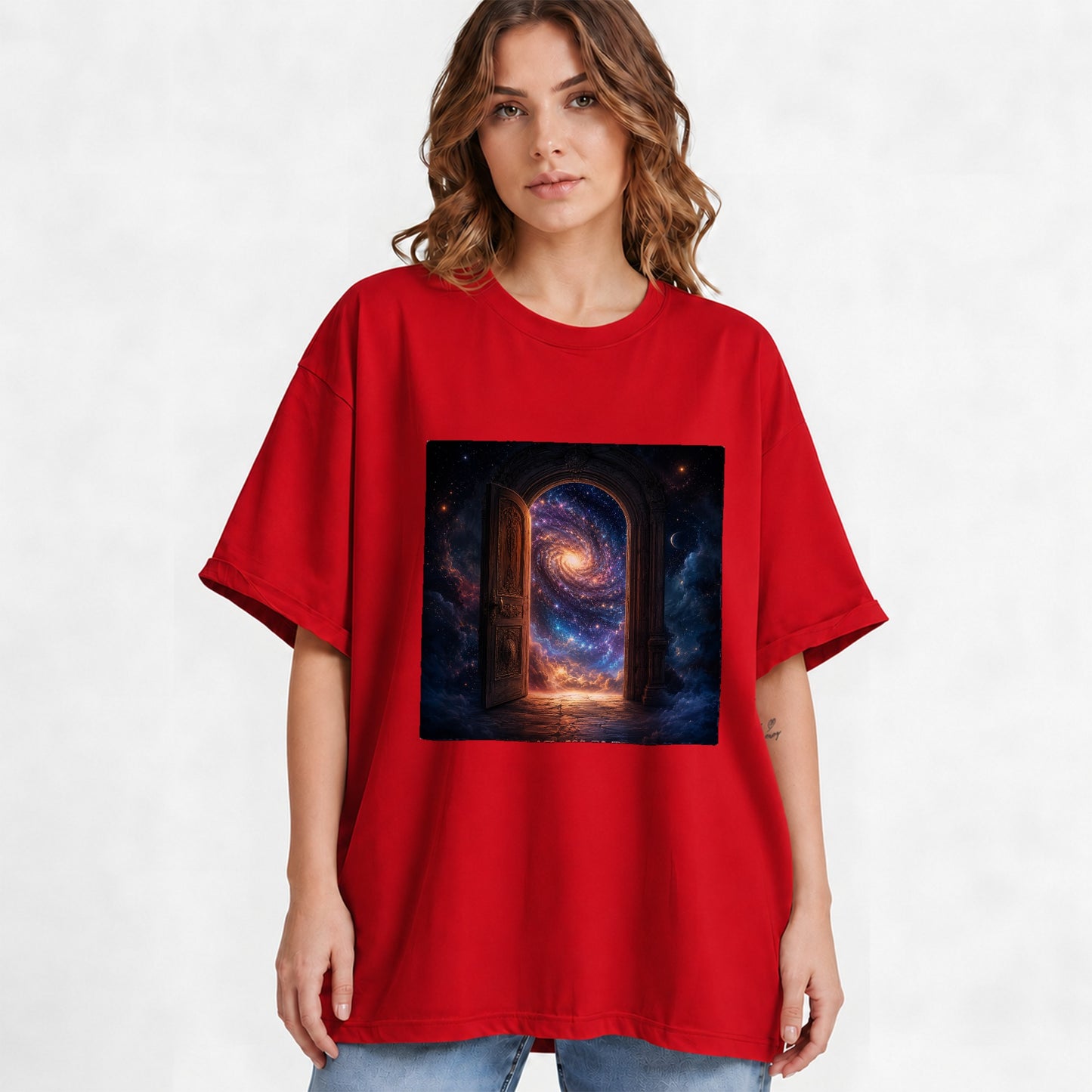 #pl[Red] Cosmic Doorway Graphic T-Shirt, Galaxy Portal Celestial Design