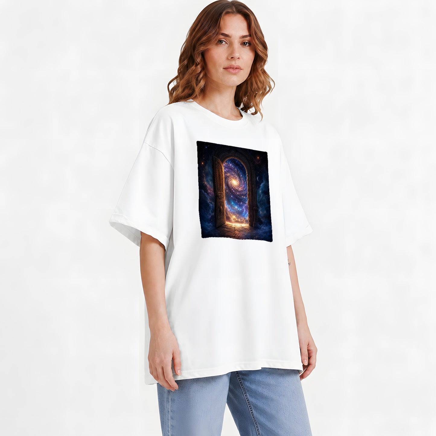 #pl[White] Cosmic Doorway Graphic T-Shirt, Galaxy Portal Celestial Design
