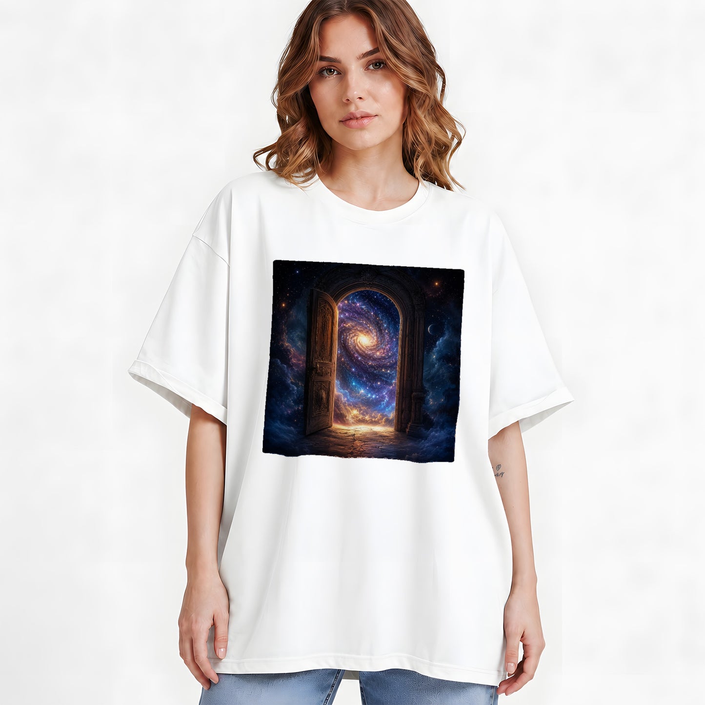 #pl[White] Cosmic Doorway Graphic T-Shirt, Galaxy Portal Celestial Design