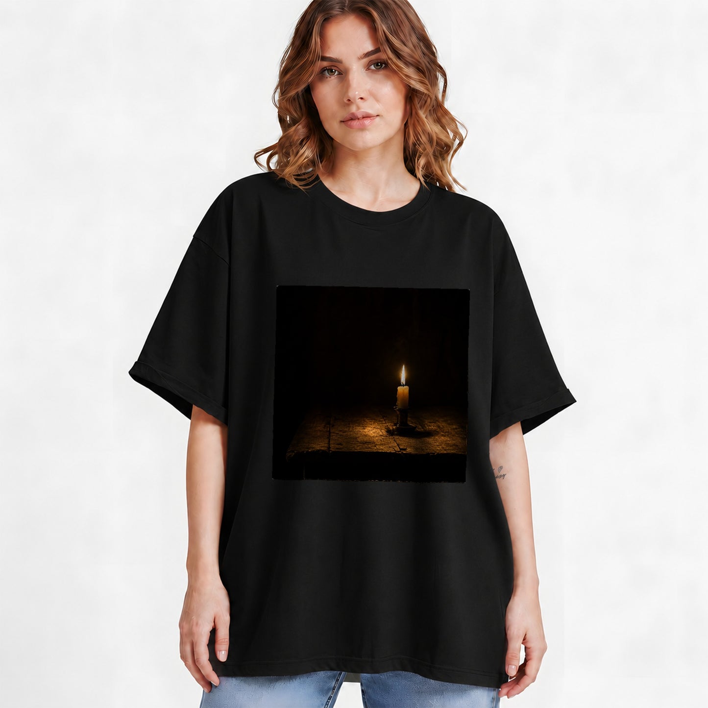 #pl[Black] Candlelight Graphic T-Shirt, Dark Cozy Vintage Still Life Art