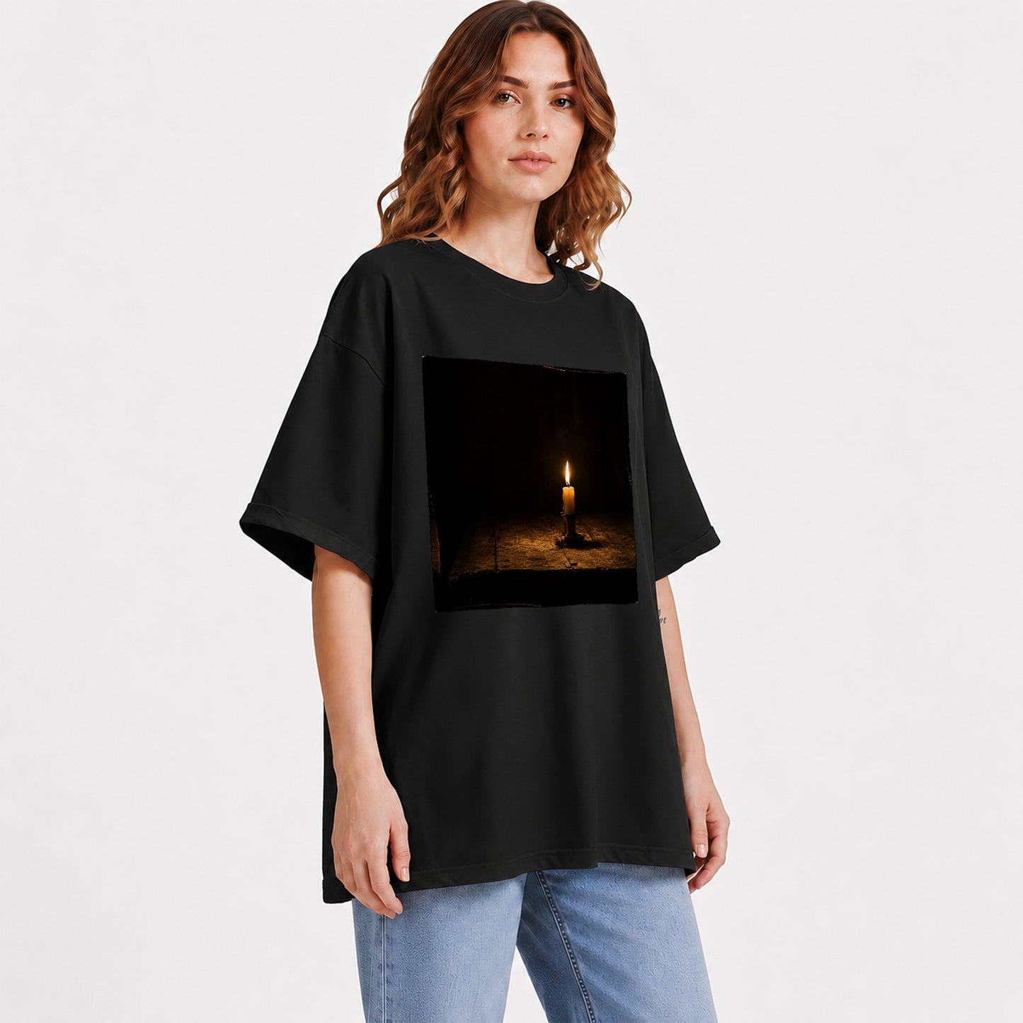 #pl[Black] Candlelight Graphic T-Shirt, Dark Cozy Vintage Still Life Art