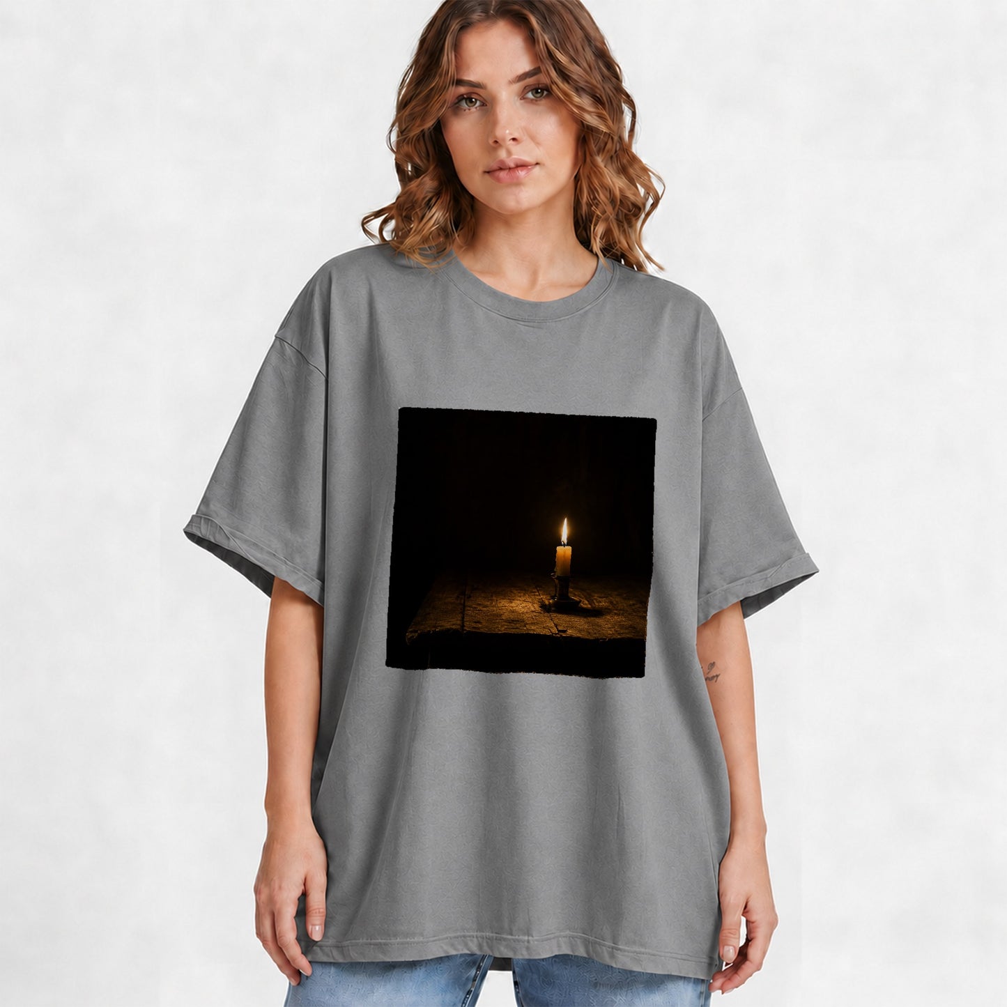 #pl[Gray] Candlelight Graphic T-Shirt, Dark Cozy Vintage Still Life Art