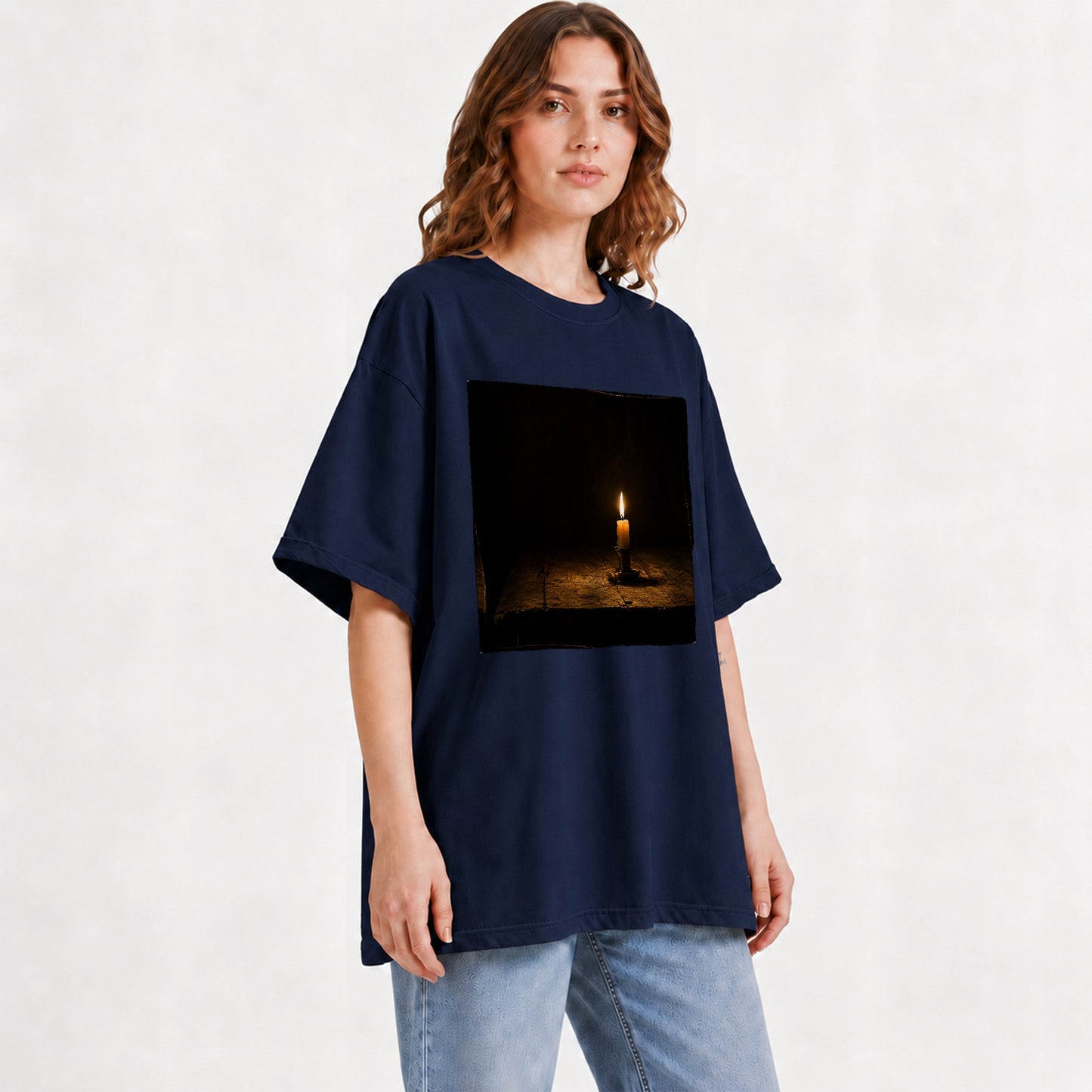 #pl[Navy] Candlelight Graphic T-Shirt, Dark Cozy Vintage Still Life Art