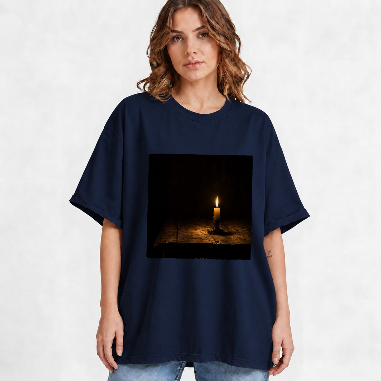 #pl[Navy] Candlelight Graphic T-Shirt, Dark Cozy Vintage Still Life Art